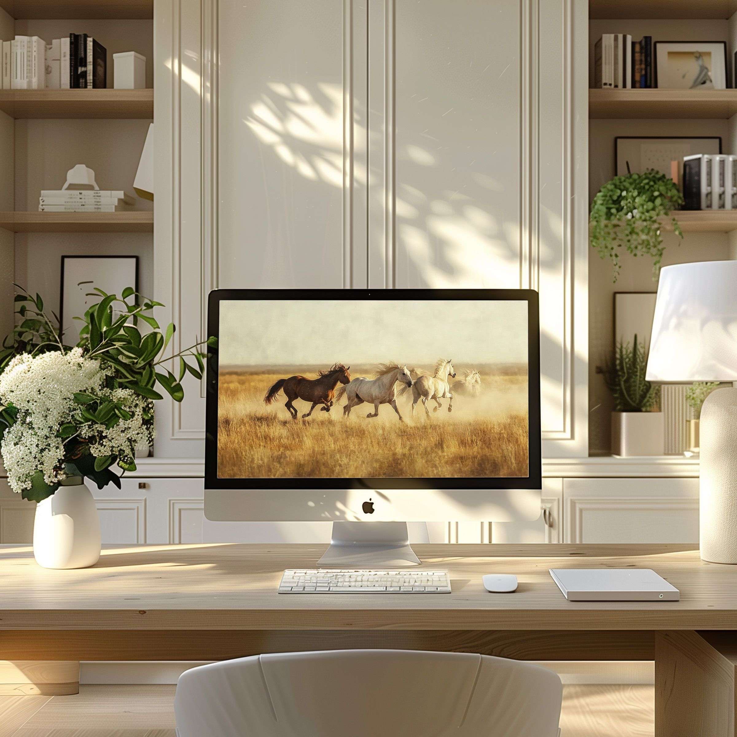 Serene horse motif digital wallpaper for computer enhances modern home office elegance, fitting perfectly on PC or laptop displays