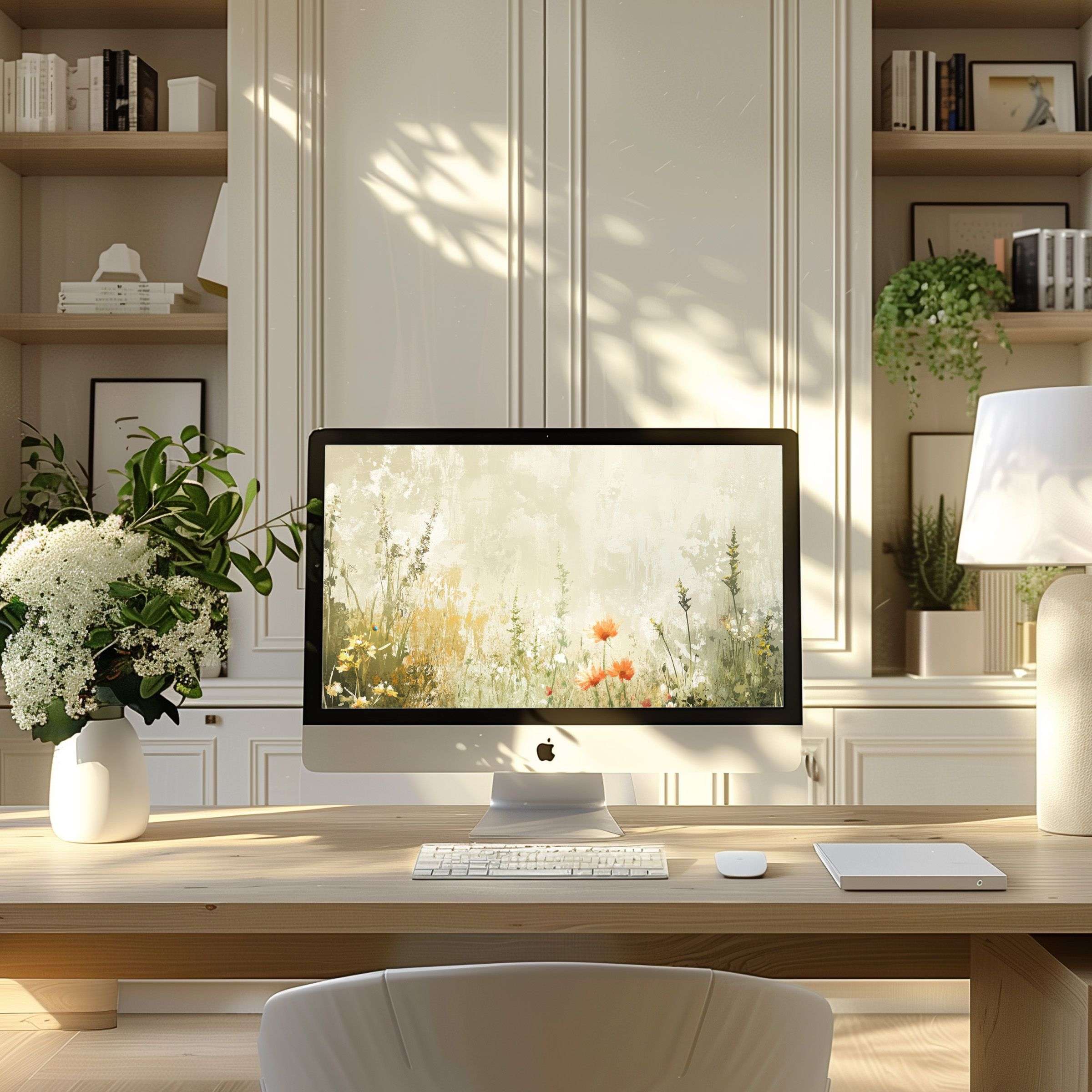Serene floral wallpaper for computer enhances your PC or laptop, inspiring calm elegance in a modern, stylish home office setting