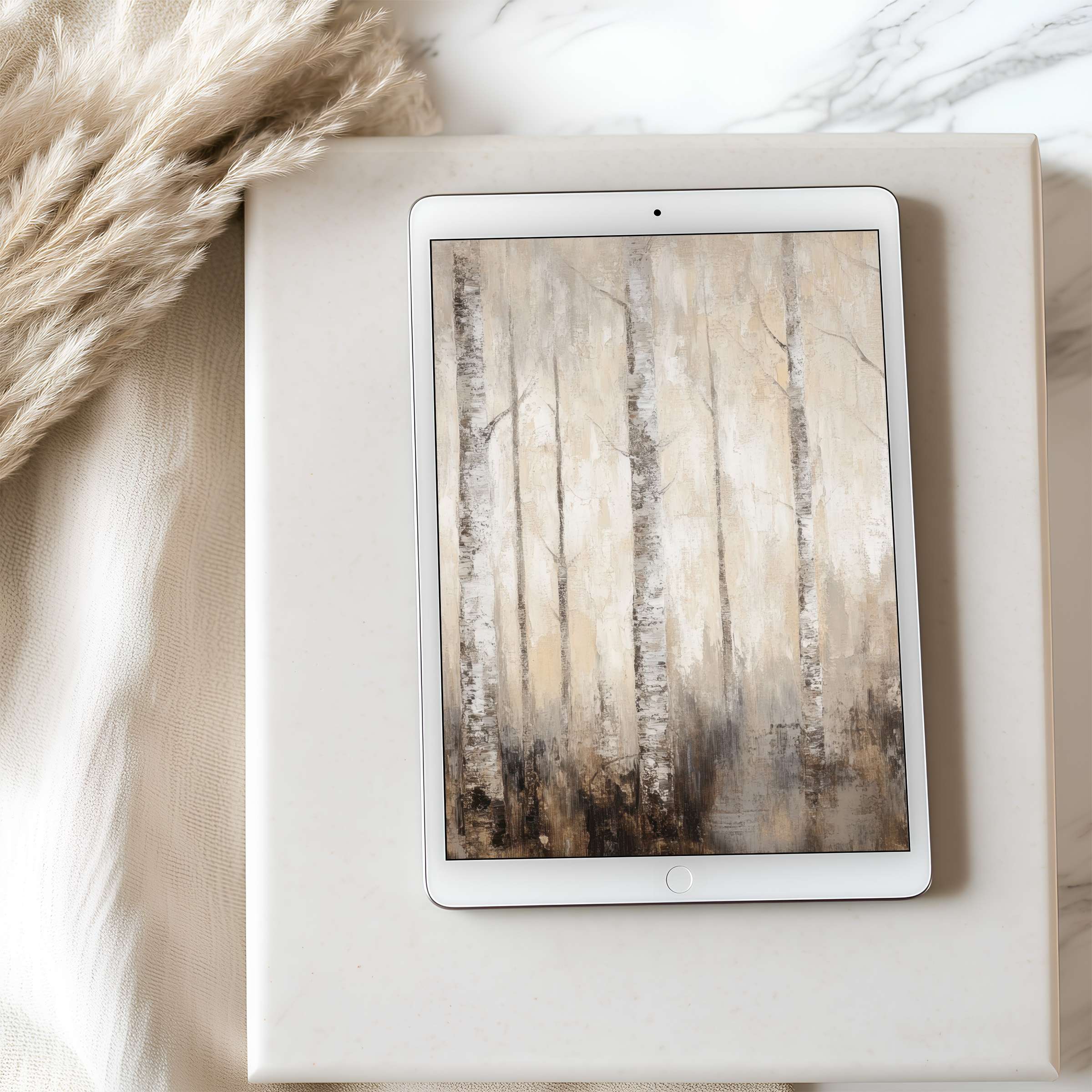 Elegant tablet wallpaper featuring serene birch trees in soft earth tones, perfect for high-resolution iPad and Android screens, digital download