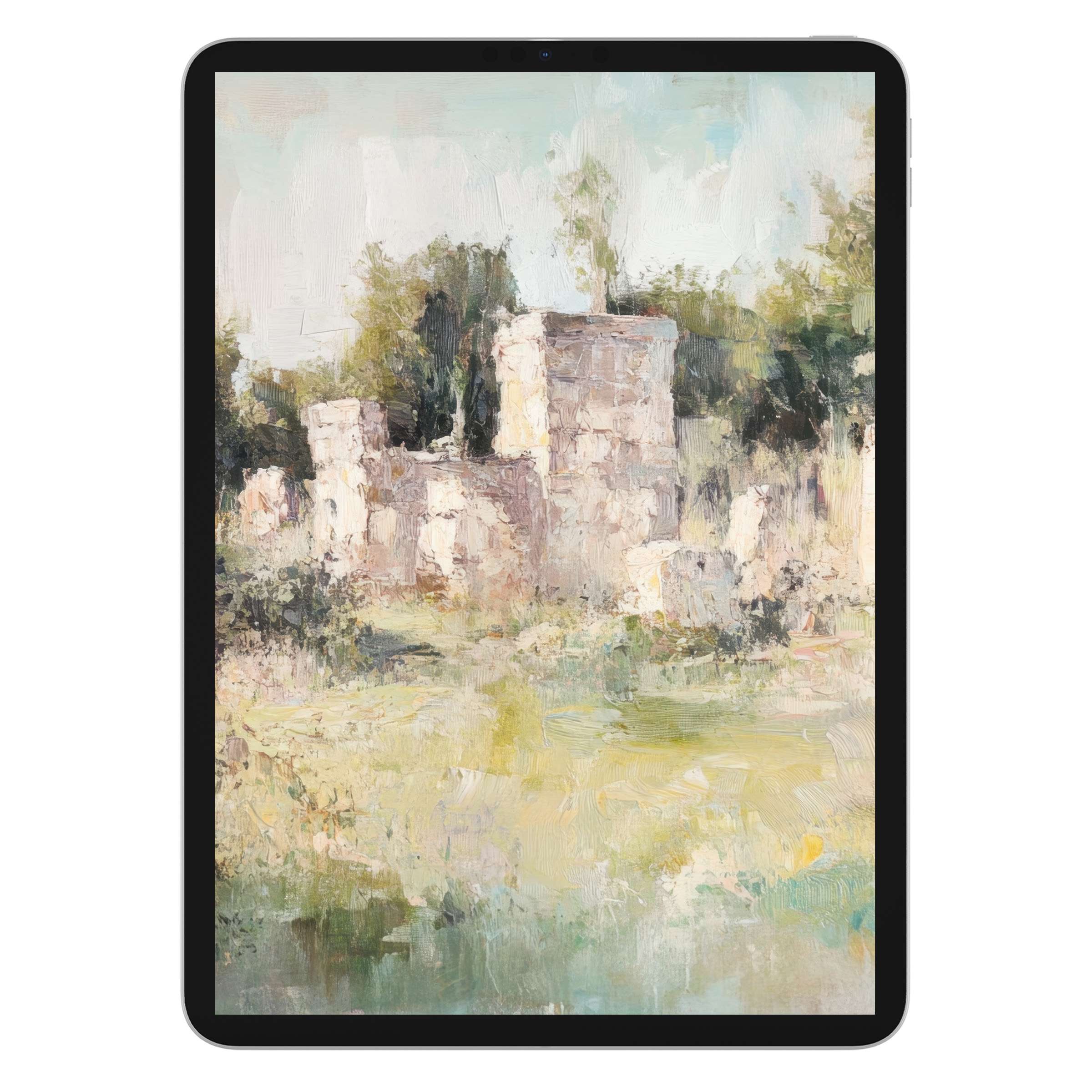 Vintage iPad wallpaper with a dreamy, pastel-hued landscape background, offering an elegant digital download for tablet users seeking serenity