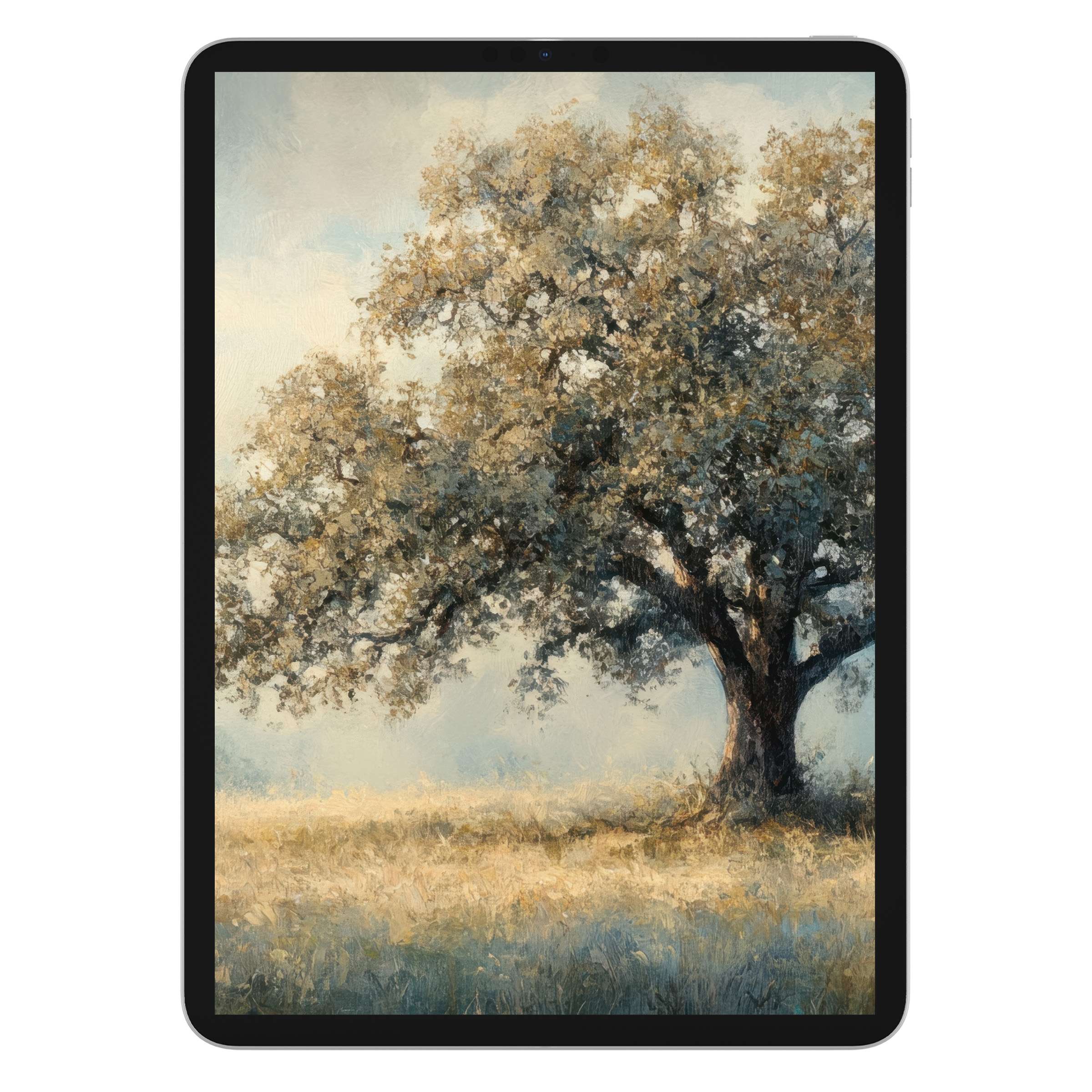 Vintage iPad wallpaper with elegant textured tree painting offers a serene background for any tablet digital download