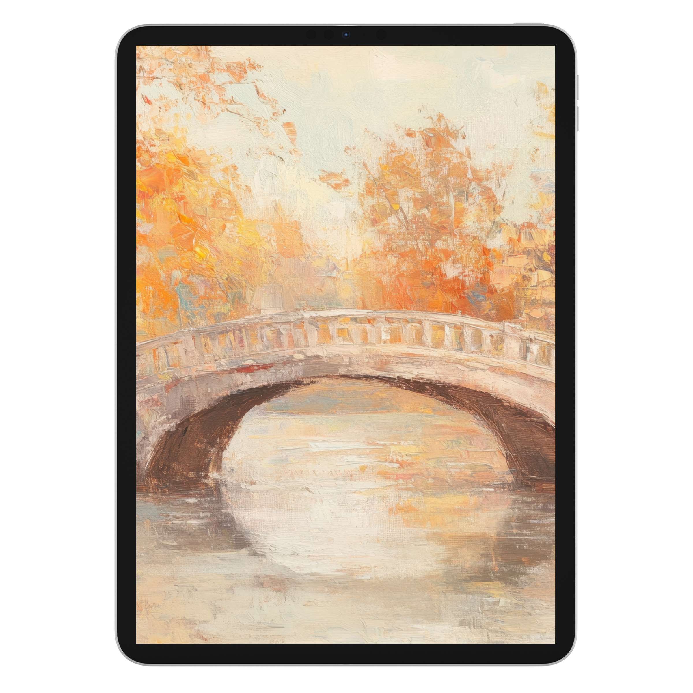 Warm autumn landscape of an elegant bridge in a vintage iPad wallpaper, perfect digital download for tablet backgrounds and calm design