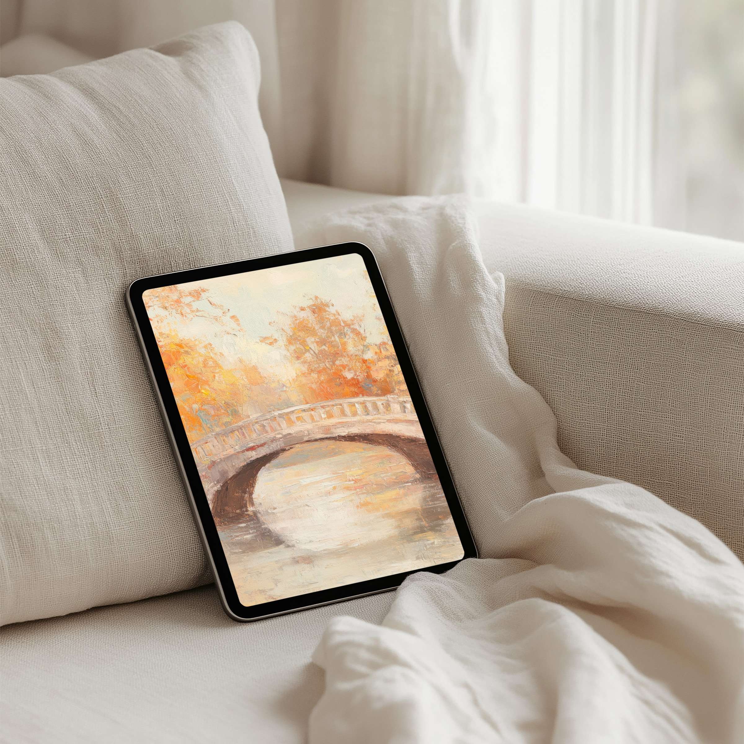 Tranquil iPad background showcasing autumn hues and bridge painting available for instant download on your tablet for mindful elegance