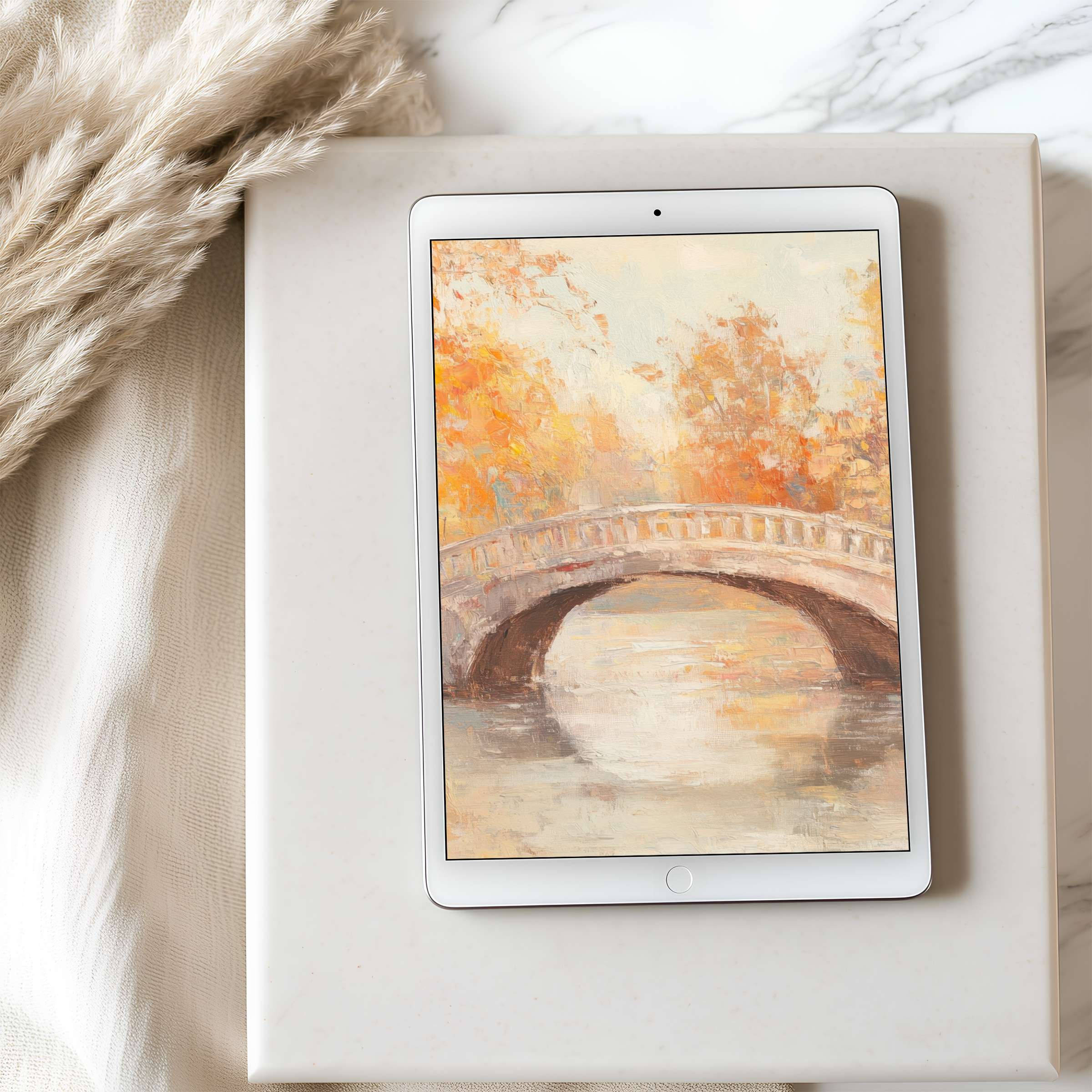 Elegant tablet wallpaper showcasing an autumn bridge scene in soft oranges and browns, perfect for iPad, high resolution digital download