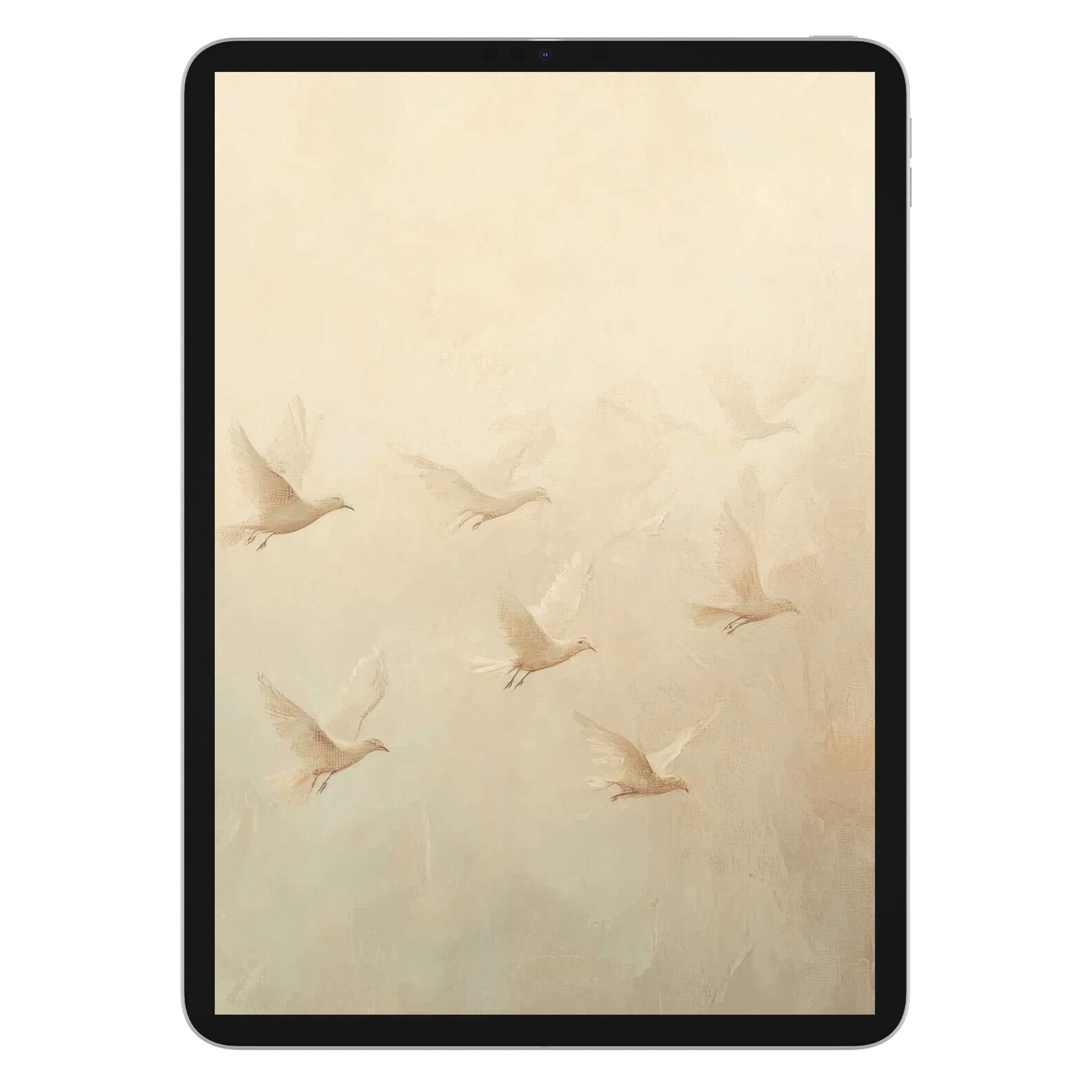 Elegant vintage iPad wallpaper featuring soft beige birds in flight creating a serene digital download background for tablets