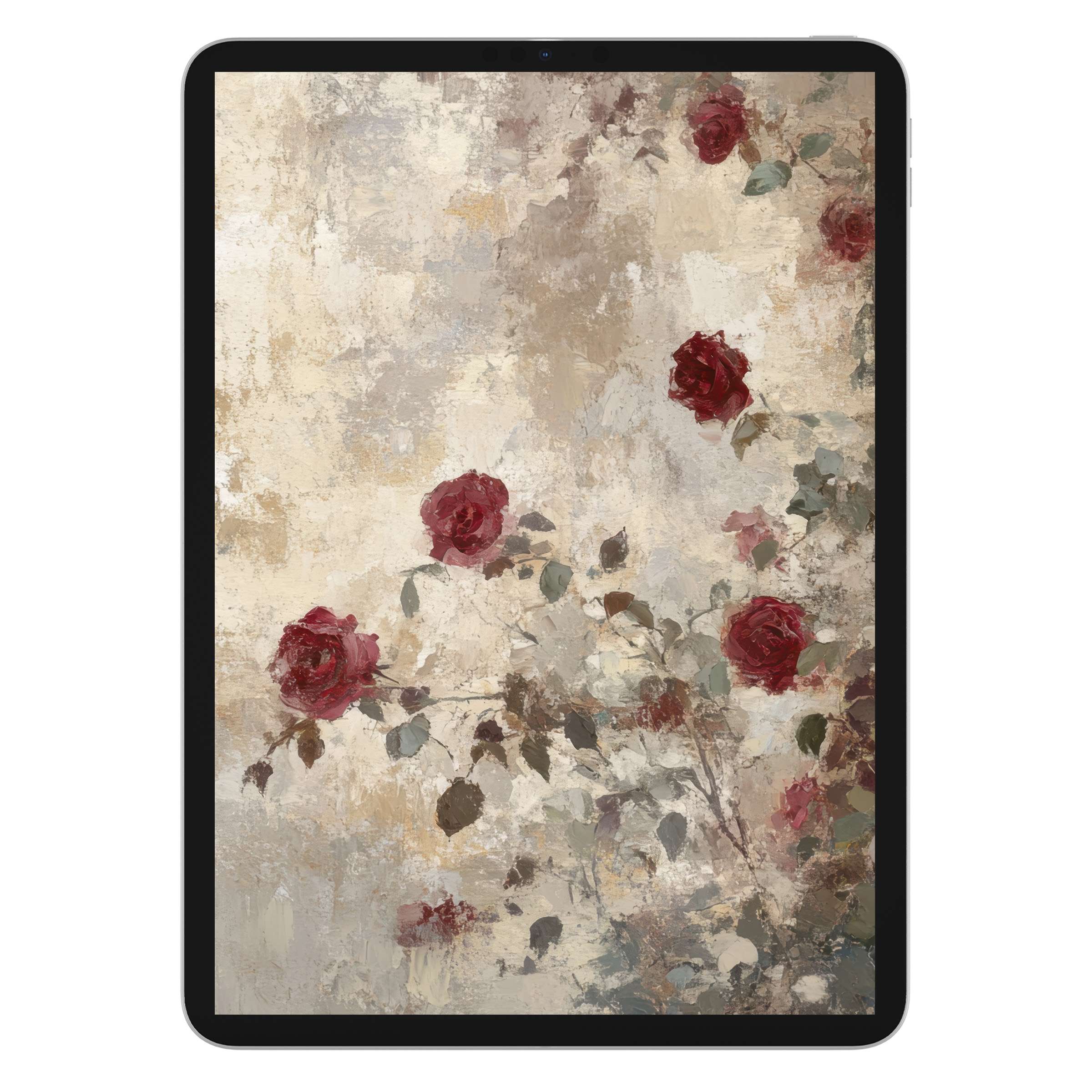 Elegant vintage iPad wallpaper with red roses on a textured background evokes calm; perfect digital download for any tablet