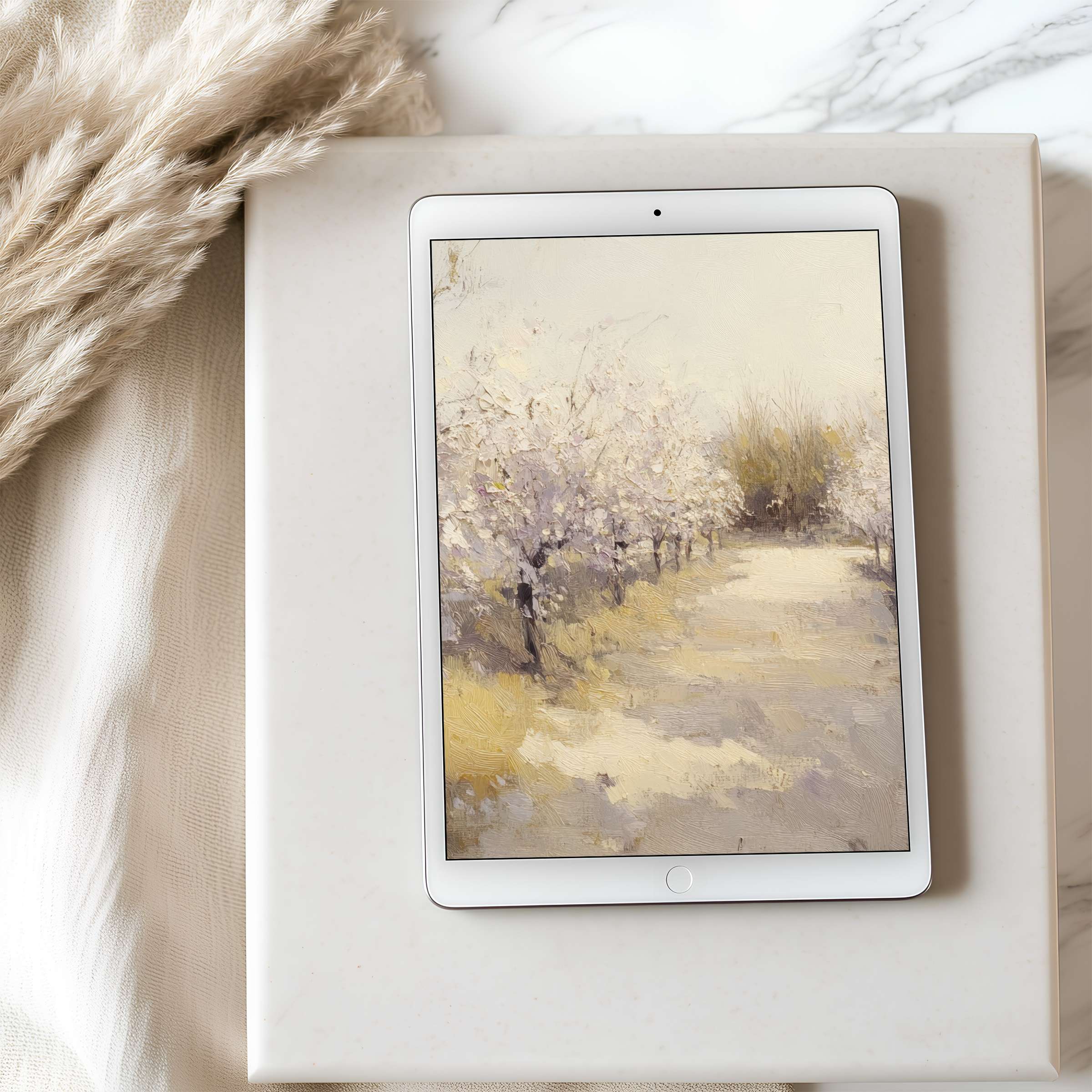 Serene tablet wallpaper featuring an elegant pastel landscape painting on iPad, offering high resolution digital download for Android tablets too