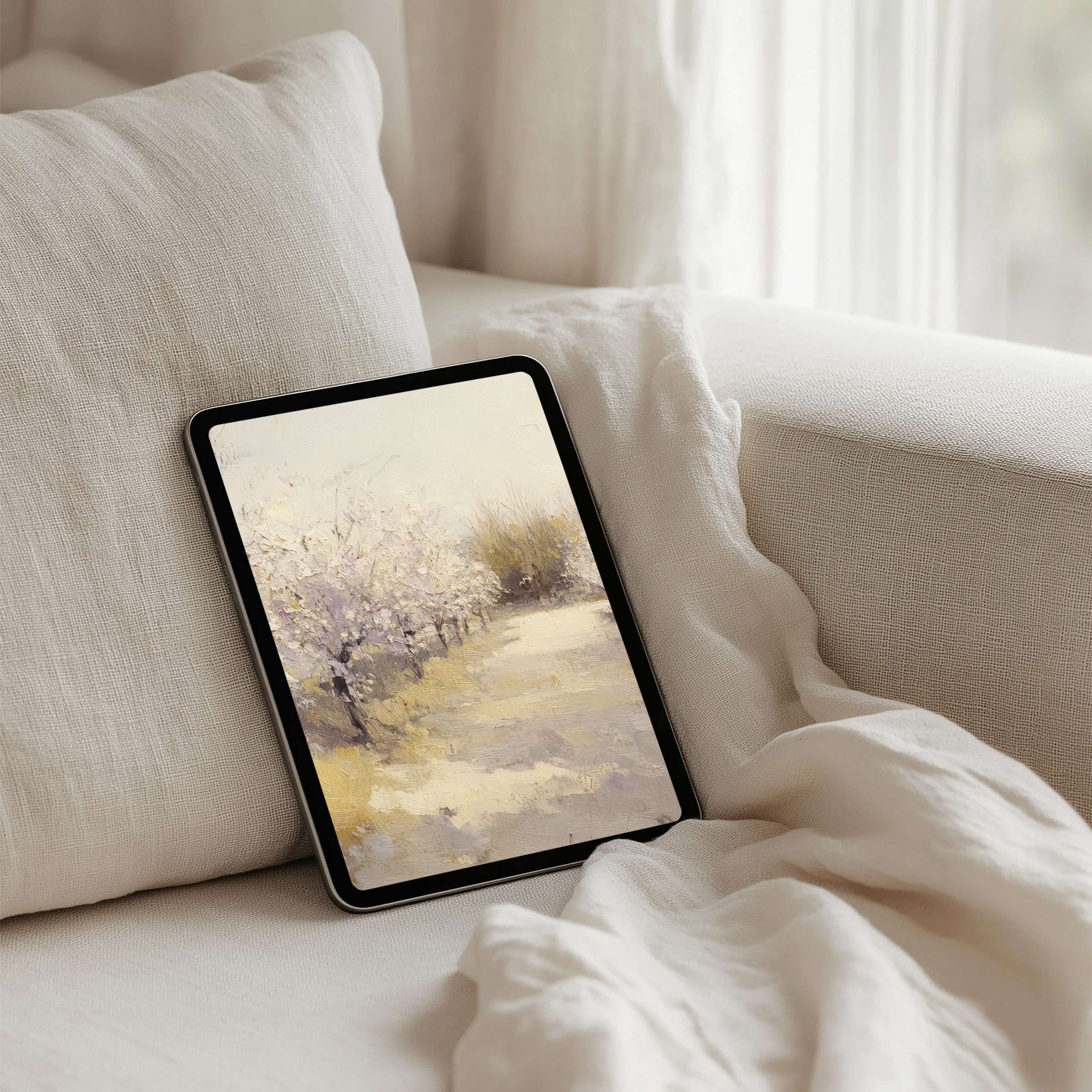 Elegant iPad background showcasing serene pastel landscape painting perfect for instant download on tablet to inspire mindfulness