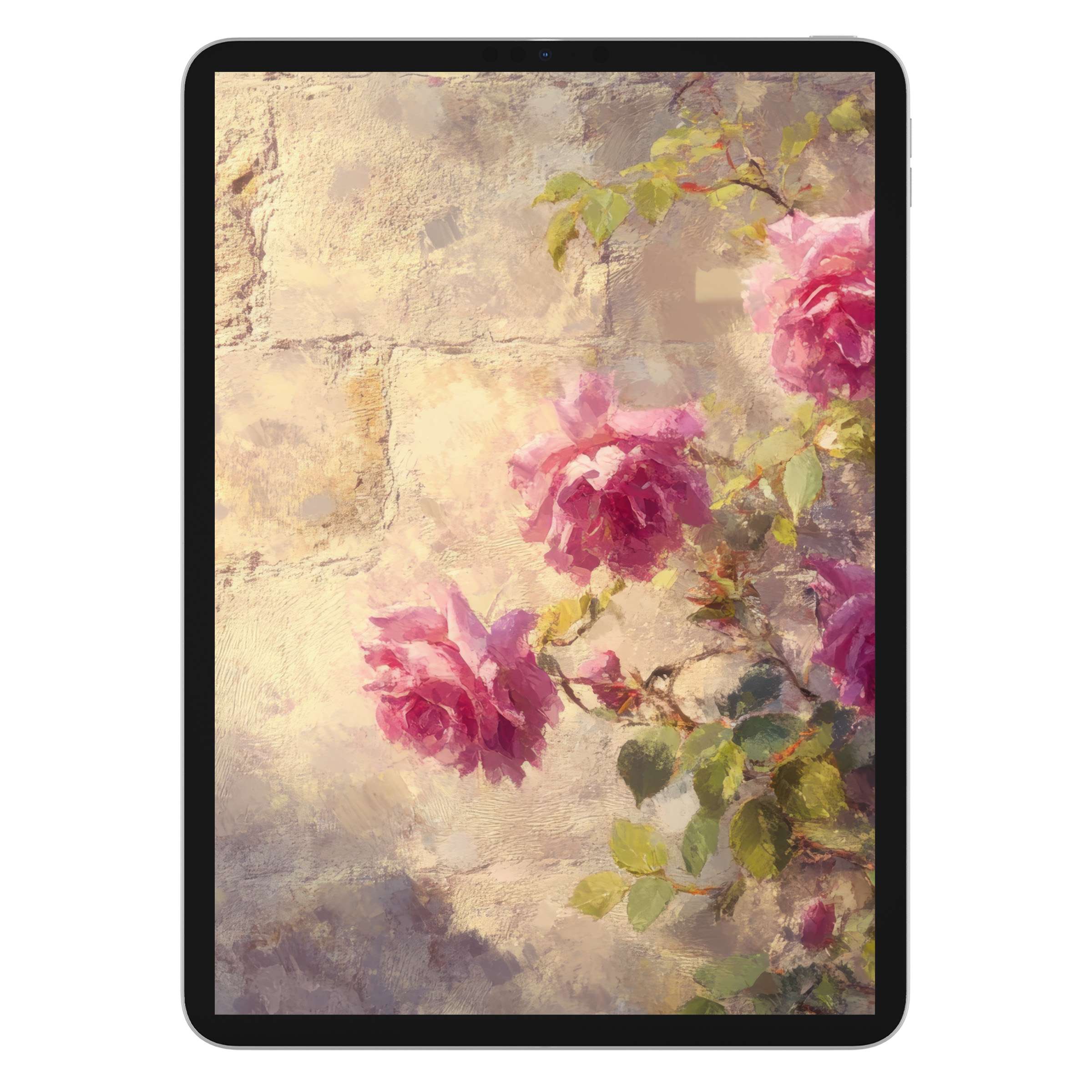 Elegant vintage iPad wallpaper featuring pink roses against a textured wall background, perfect digital download for your tablet device