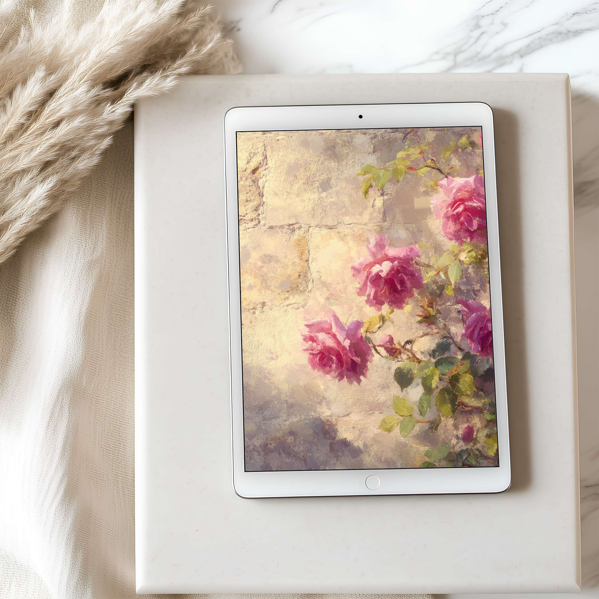 Romantic pink rose tablet wallpaper evokes serenity and elegance, perfect for iPad and Android tablets as a high-resolution digital download