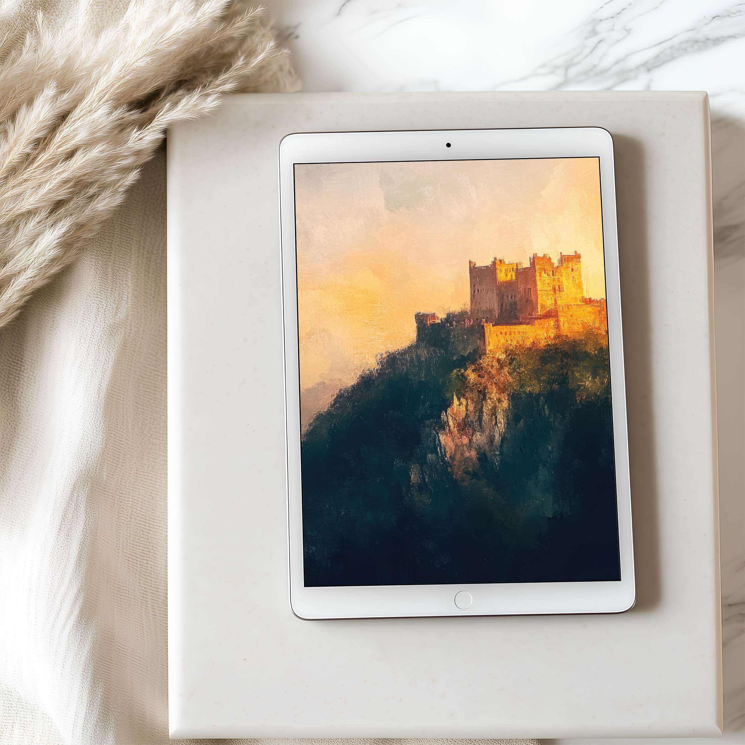 Elegant tablet wallpaper featuring a dreamy castle at sunset, perfect for iPad or Android, offering high resolution, serene ambiance
