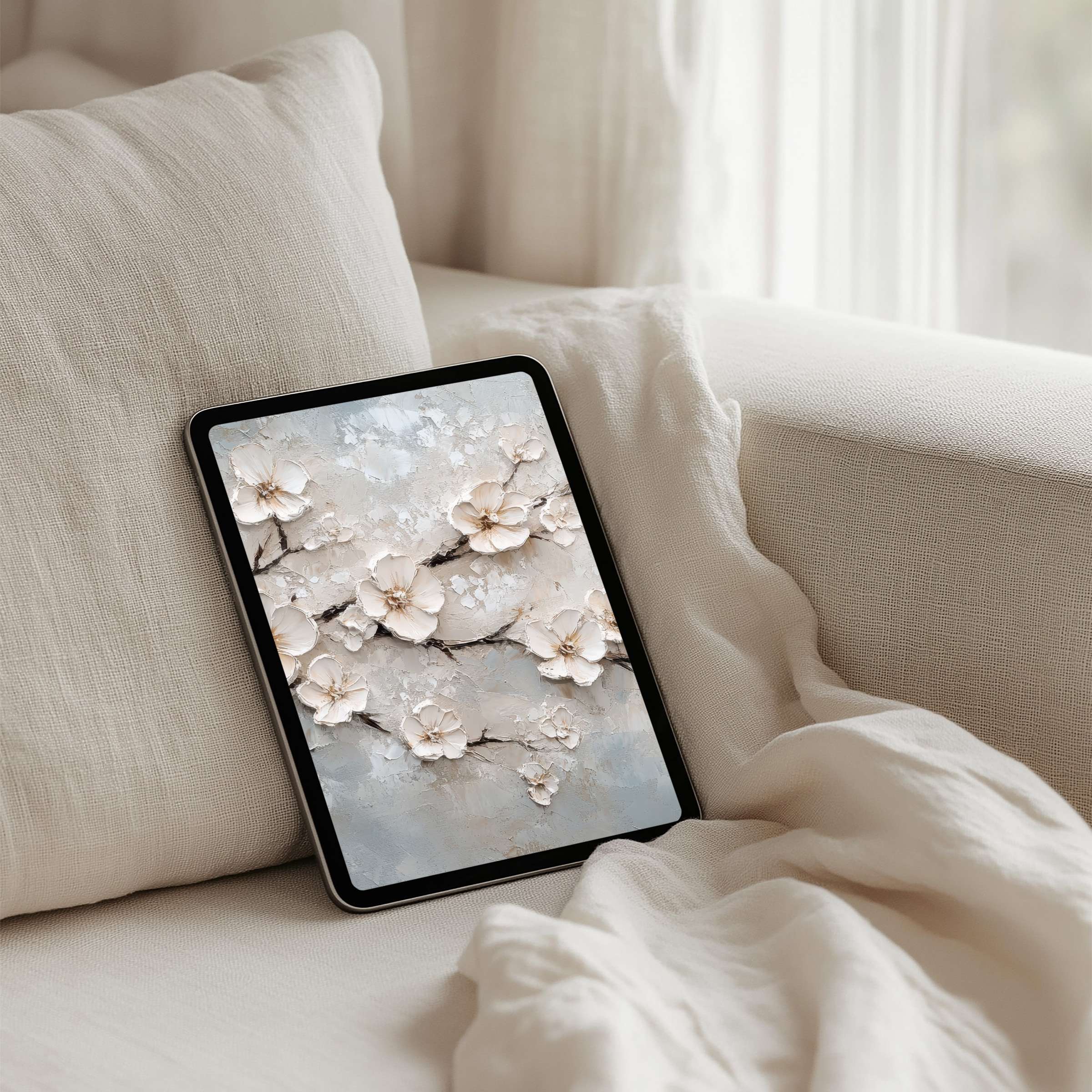 Elegant floral iPad background in calm neutrals evoking mindfulness and inspiration for instant download on any tablet device