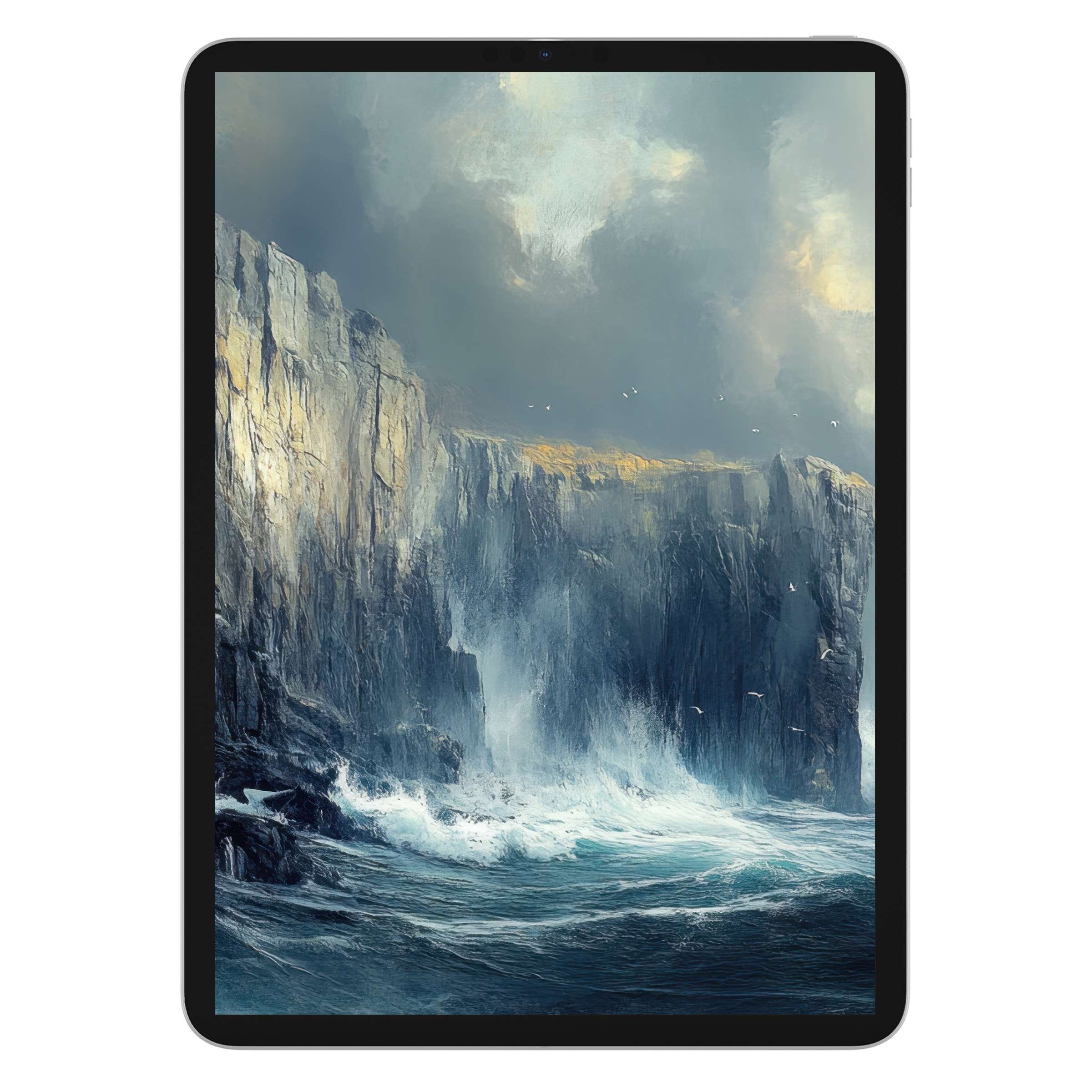 Elegant vintage iPad wallpaper featuring serene seascape with dramatic cliffs and waves, ideal digital download for tablet background artistry