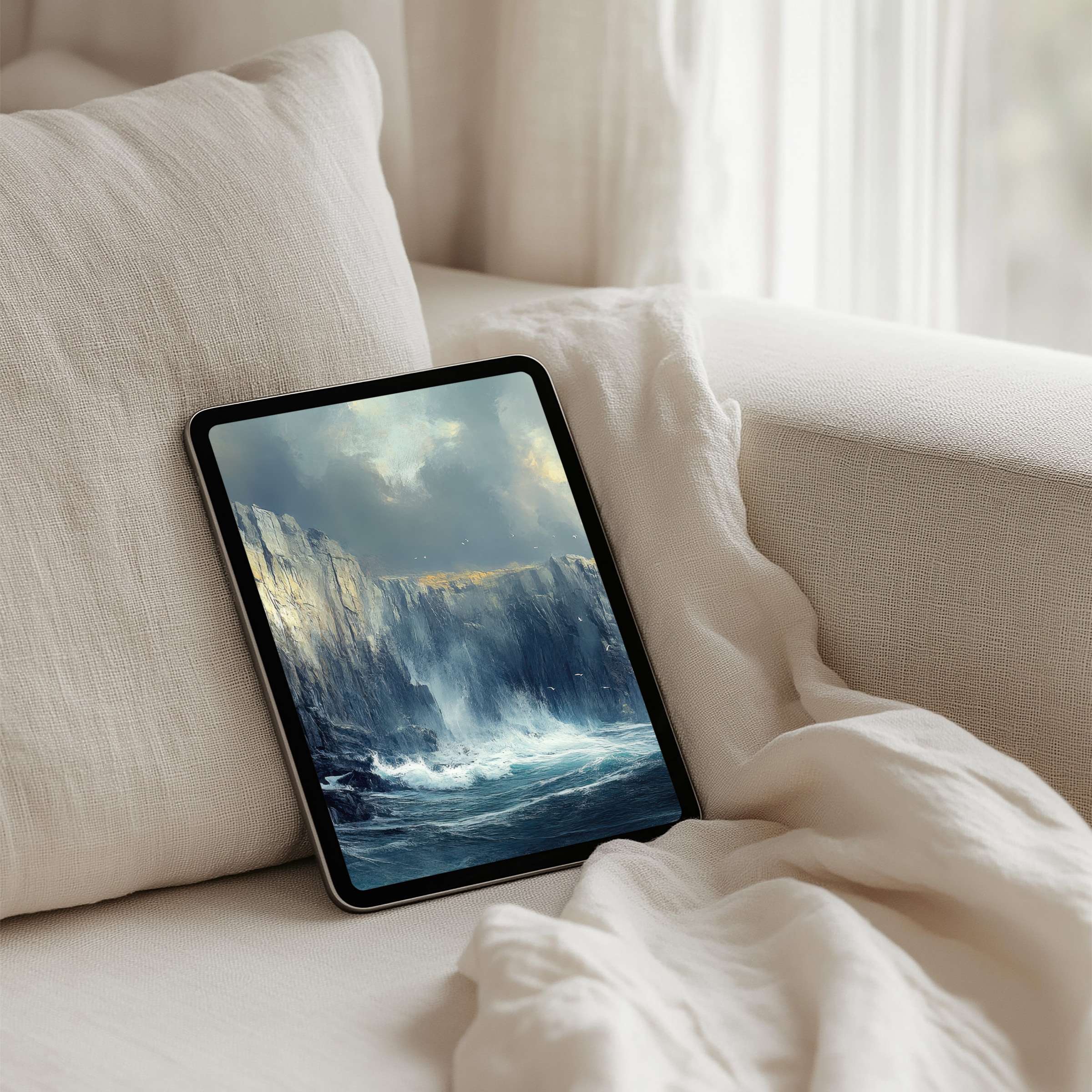 Elegant iPad background with serene seascape painting, perfect for mindfulness and instant download on any tablet environment