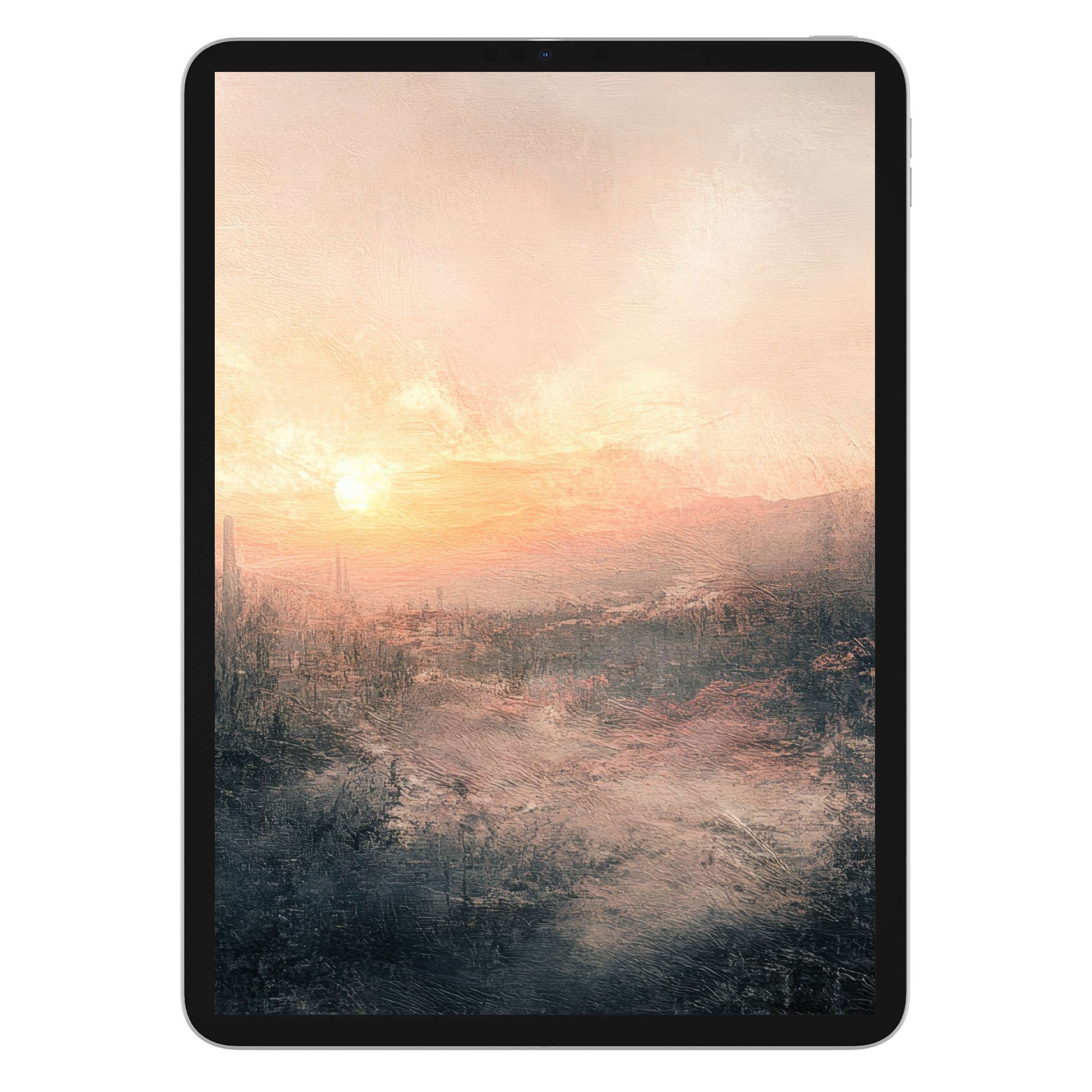 Vintage iPad wallpaper digital download featuring a serene sunset painting perfect as a calming tablet background for any style
