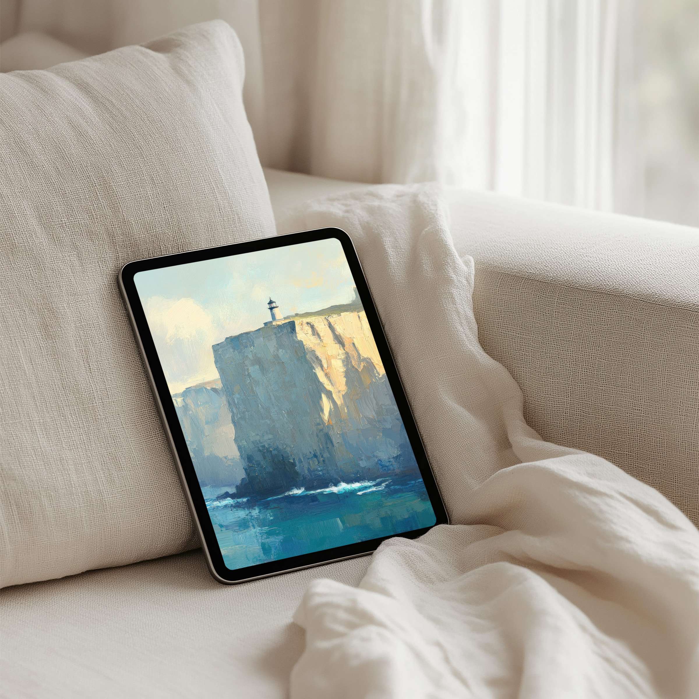 Serene lighthouse artwork iPad background for instant download on any tablet, offering calm and elegance to your digital space