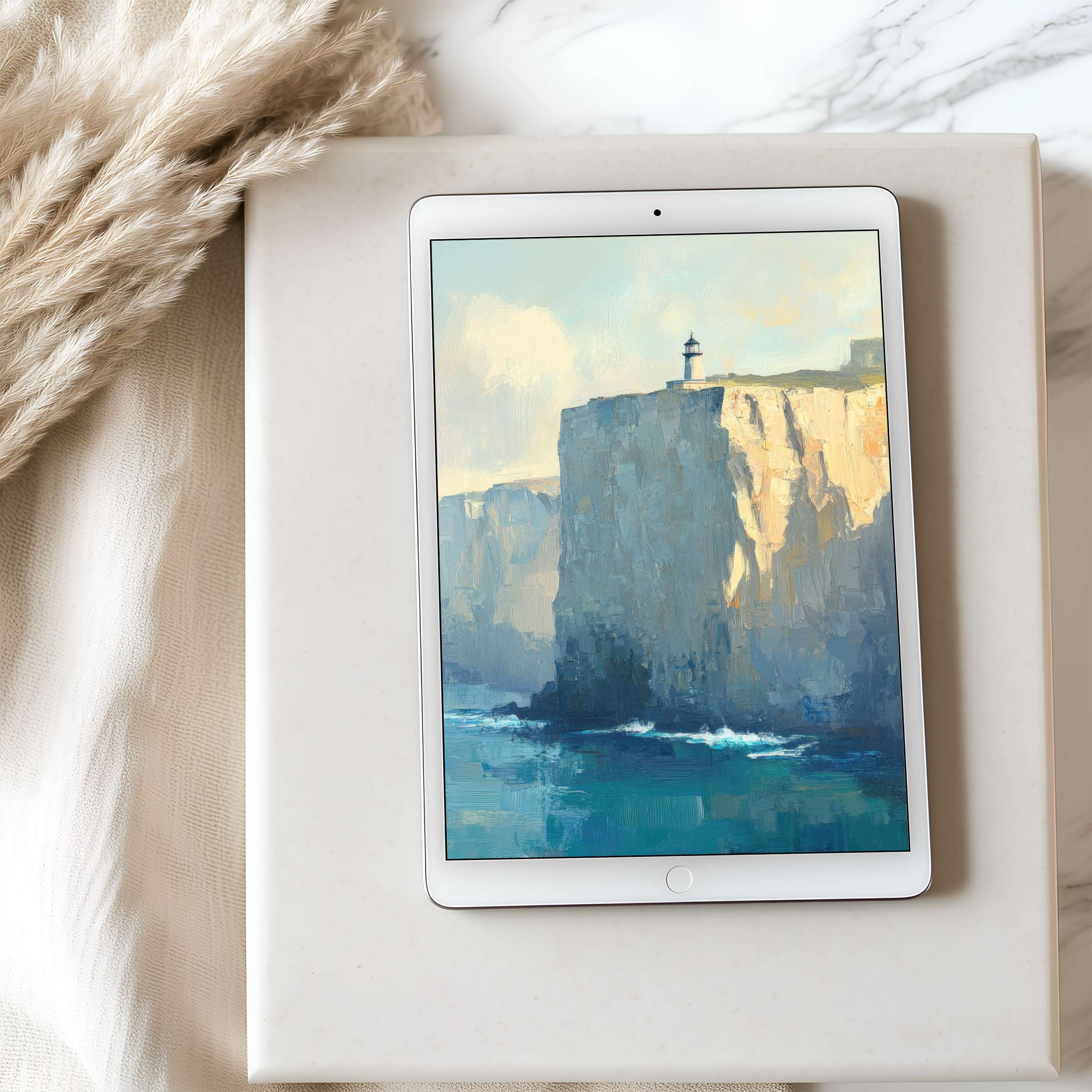 Elegant cliffside painting as tablet wallpaper brings serenity with high resolution download for iPad and Android tablets