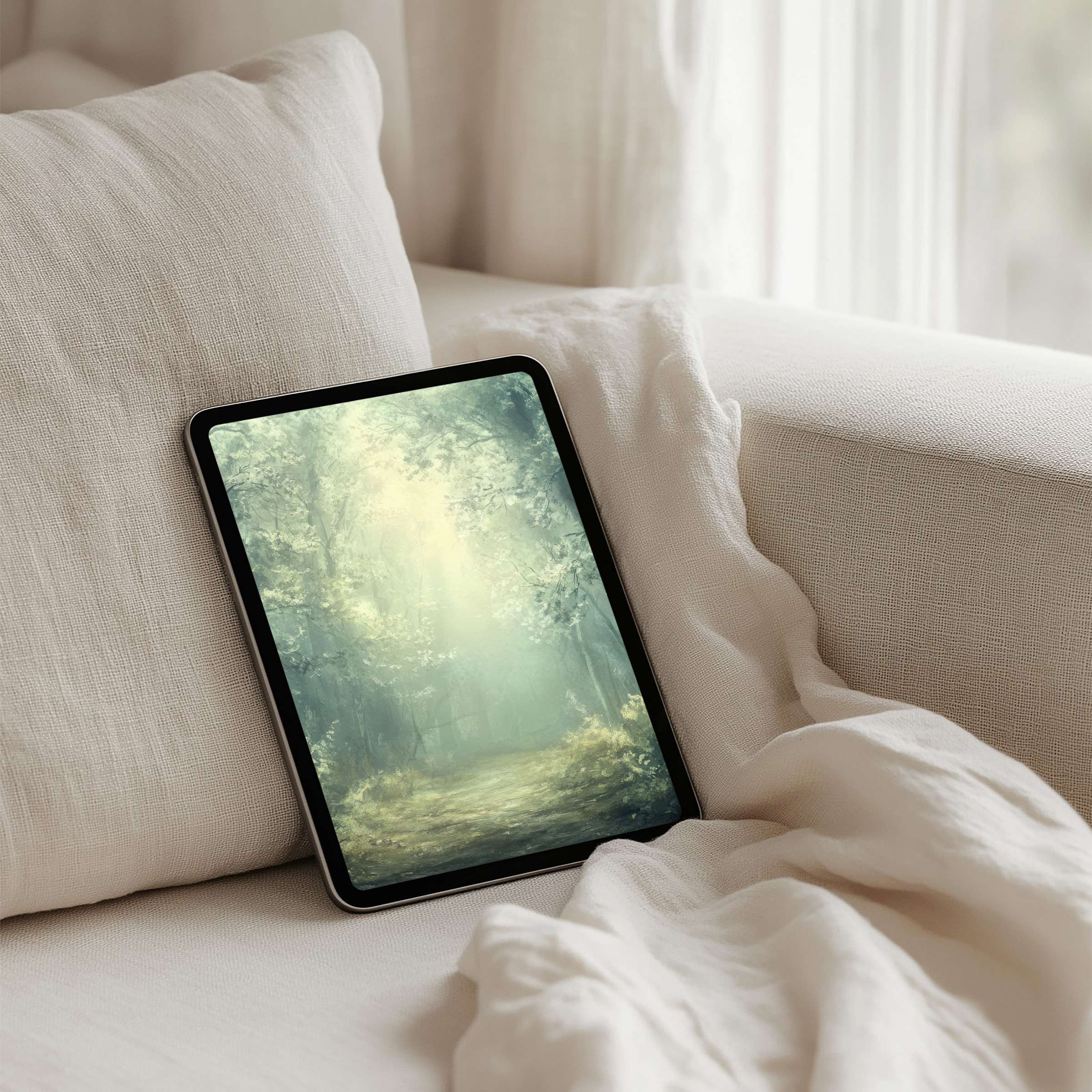 Elegant forest-themed iPad background offers calm, inspiration on tablets with an instant download for design-conscious users