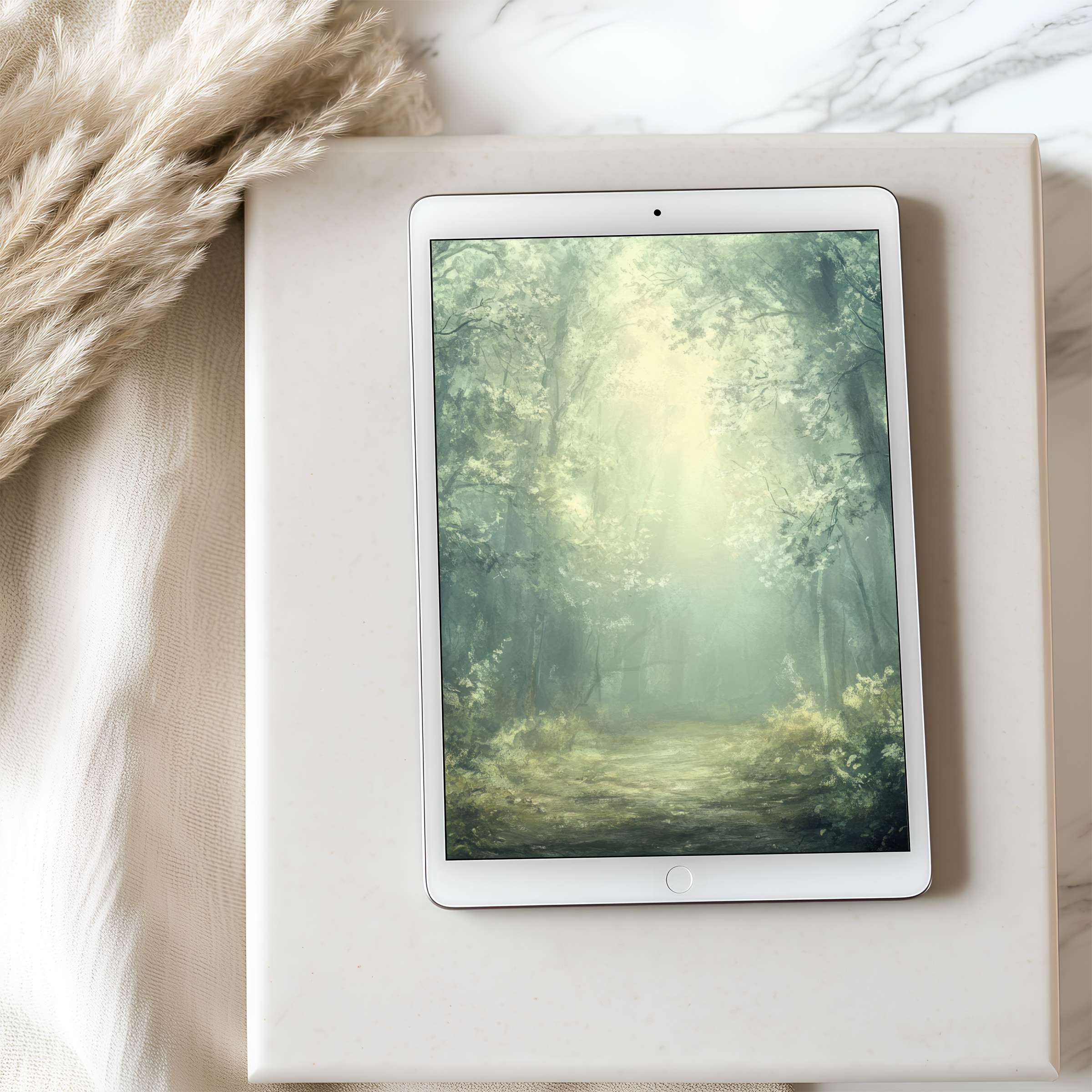 Elegant forest scene tablet wallpaper evokes tranquility with high-resolution artistry ideal for iPad and Android download