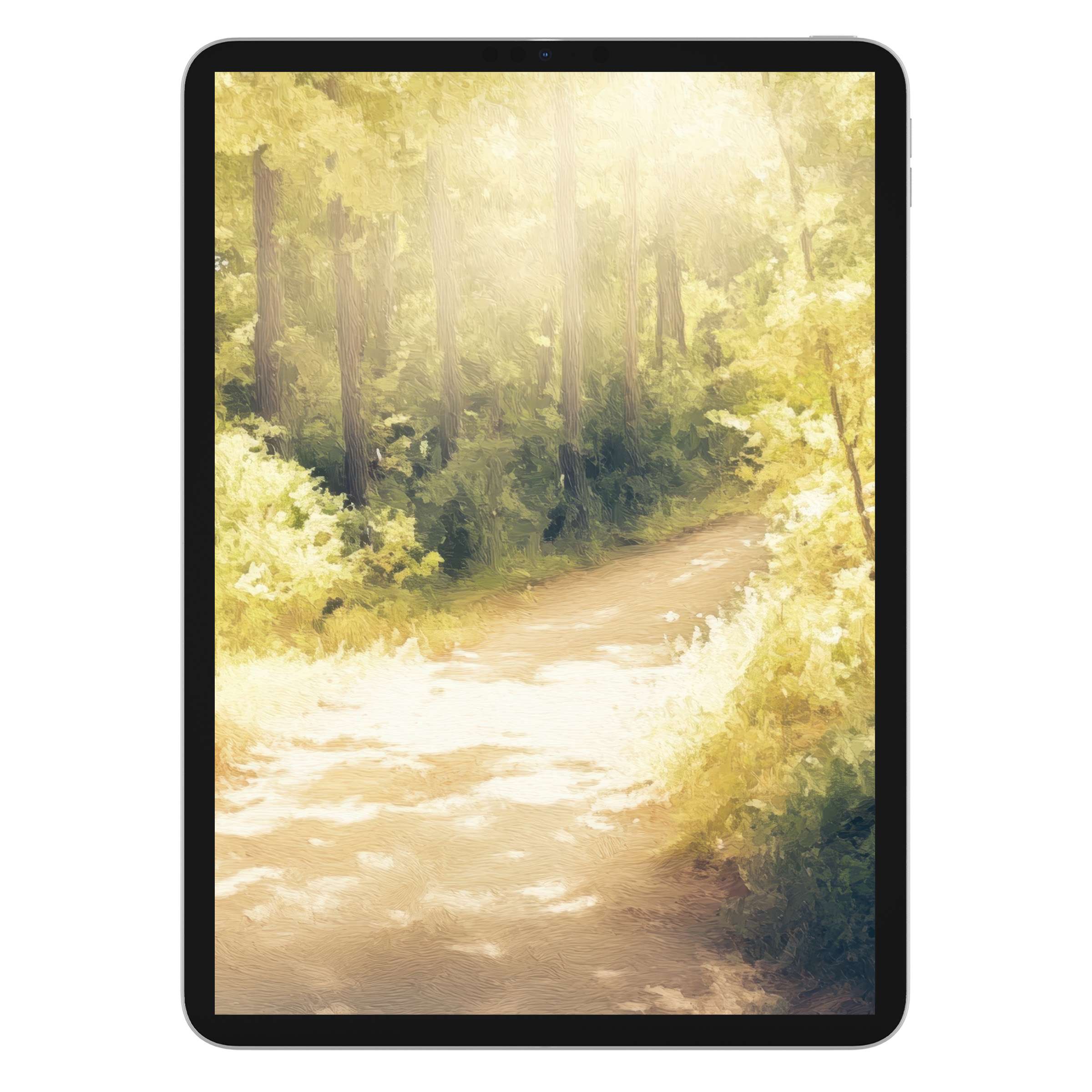 Vintage iPad wallpaper with a serene forest path in soft sunlight, perfect digital download for tablet background tranquility