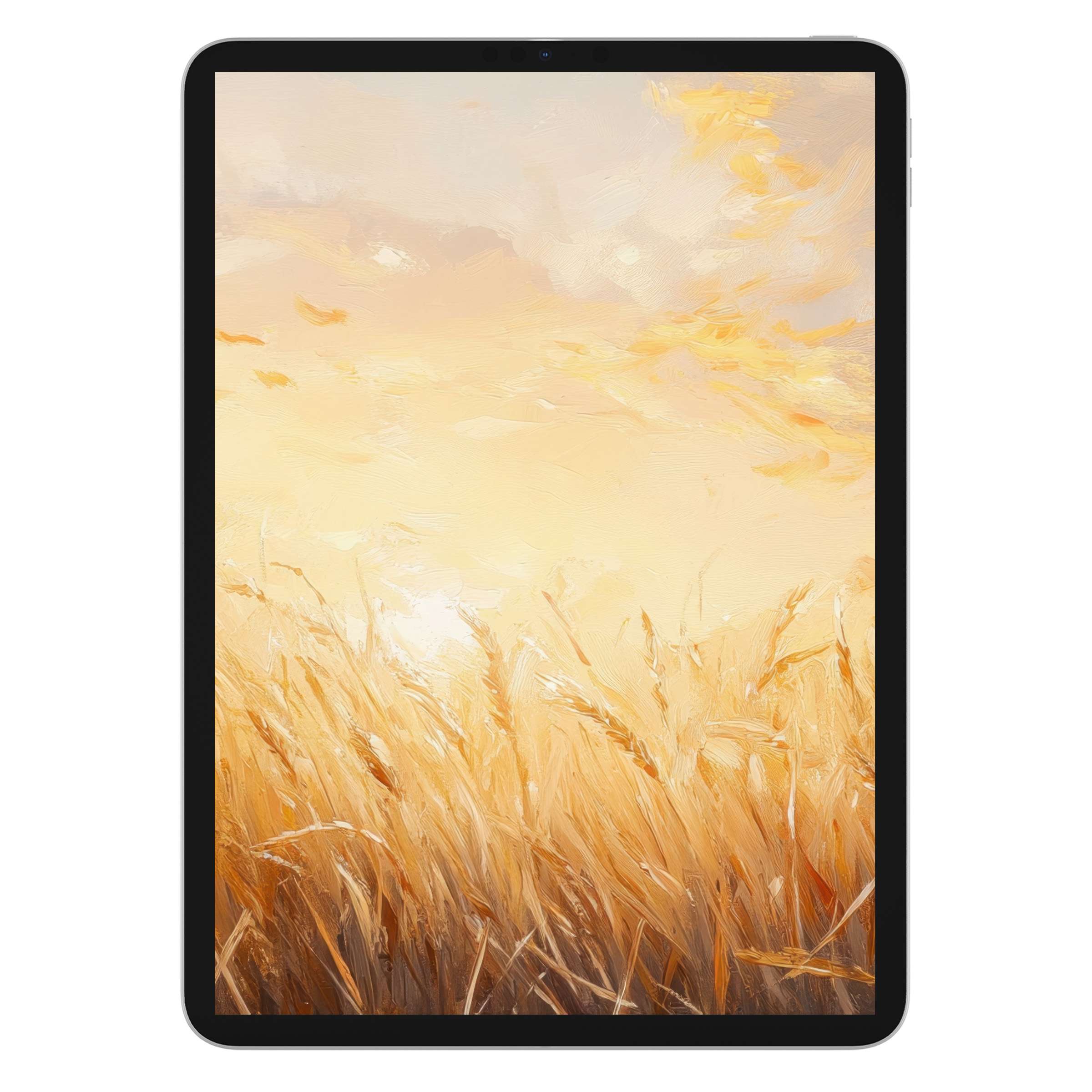 Golden wheat fields painted in soft strokes create a calming vintage iPad wallpaper background, ideal for tablet digital download
