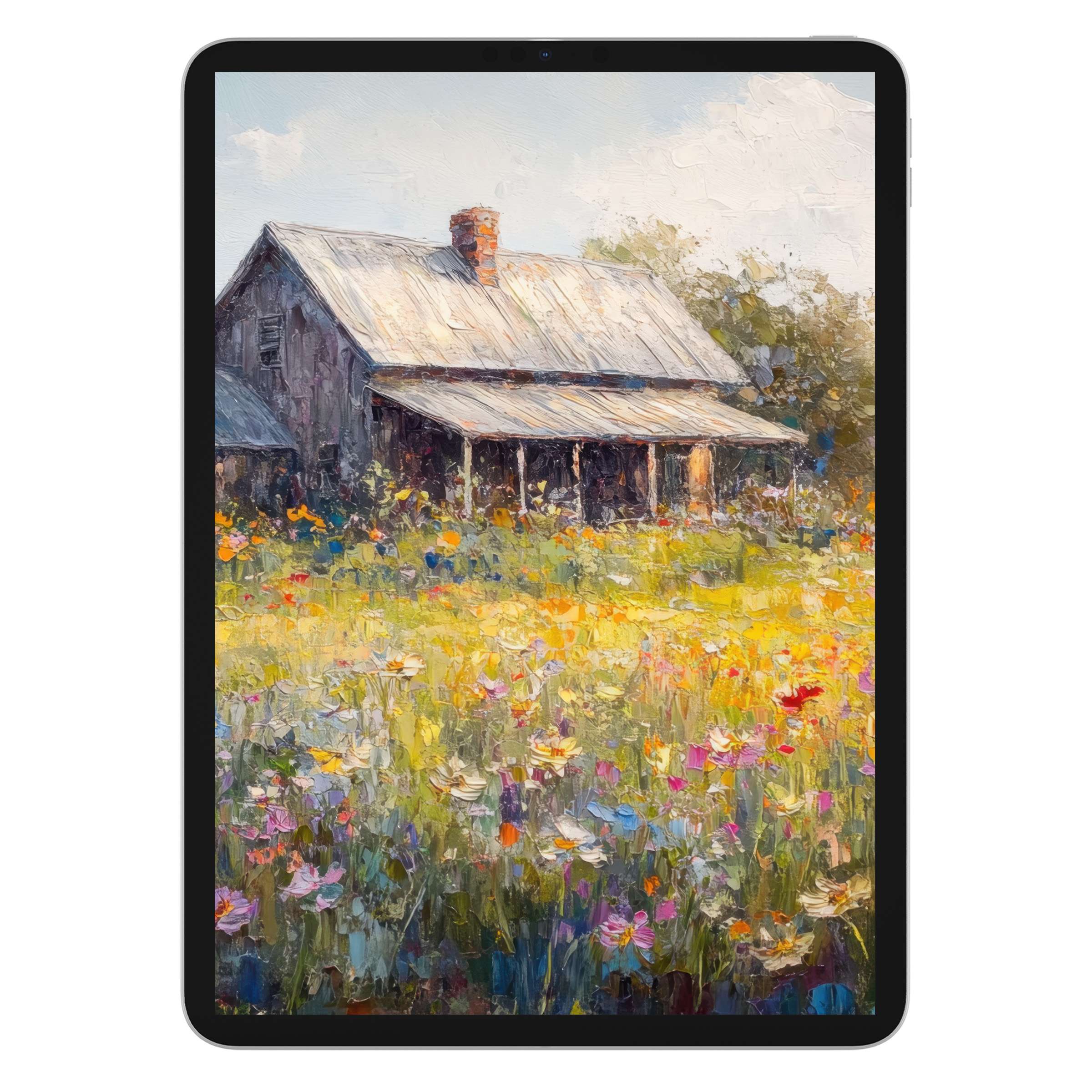Vintage iPad wallpaper digital download featuring an impressionist cottage with a colorful meadow background ideal for tablets
