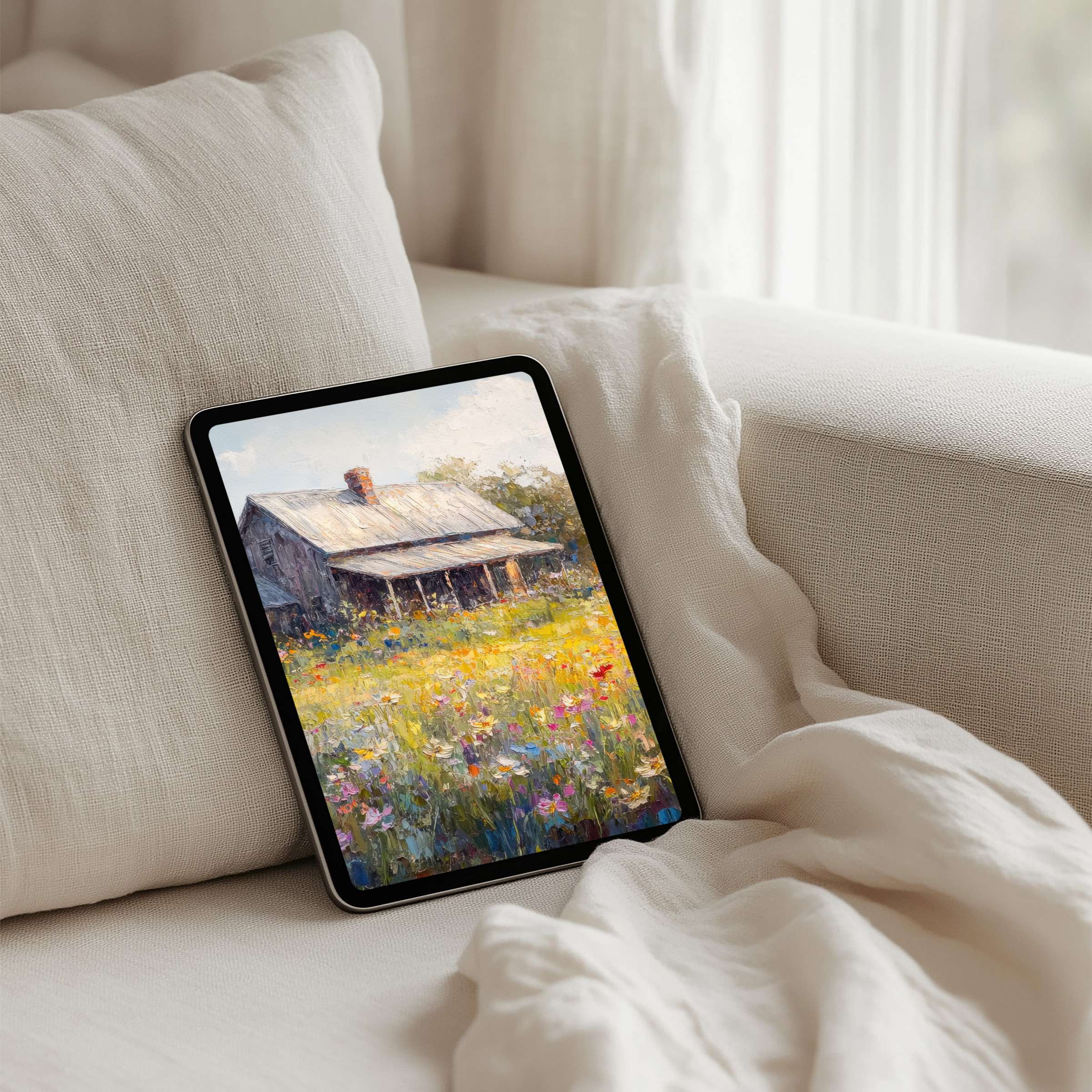 Elegant iPad background with a rustic cottage in a meadow for instant download fits any tablet inspiring calm and mindfulness
