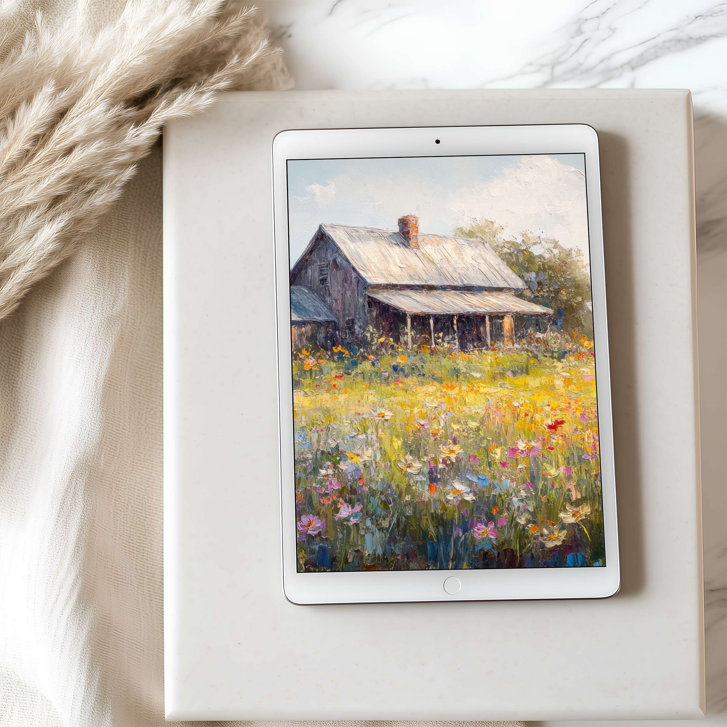 Elegant high-resolution tablet wallpaper showcasing a serene rustic cottage in a vibrant floral meadow perfect for digital download