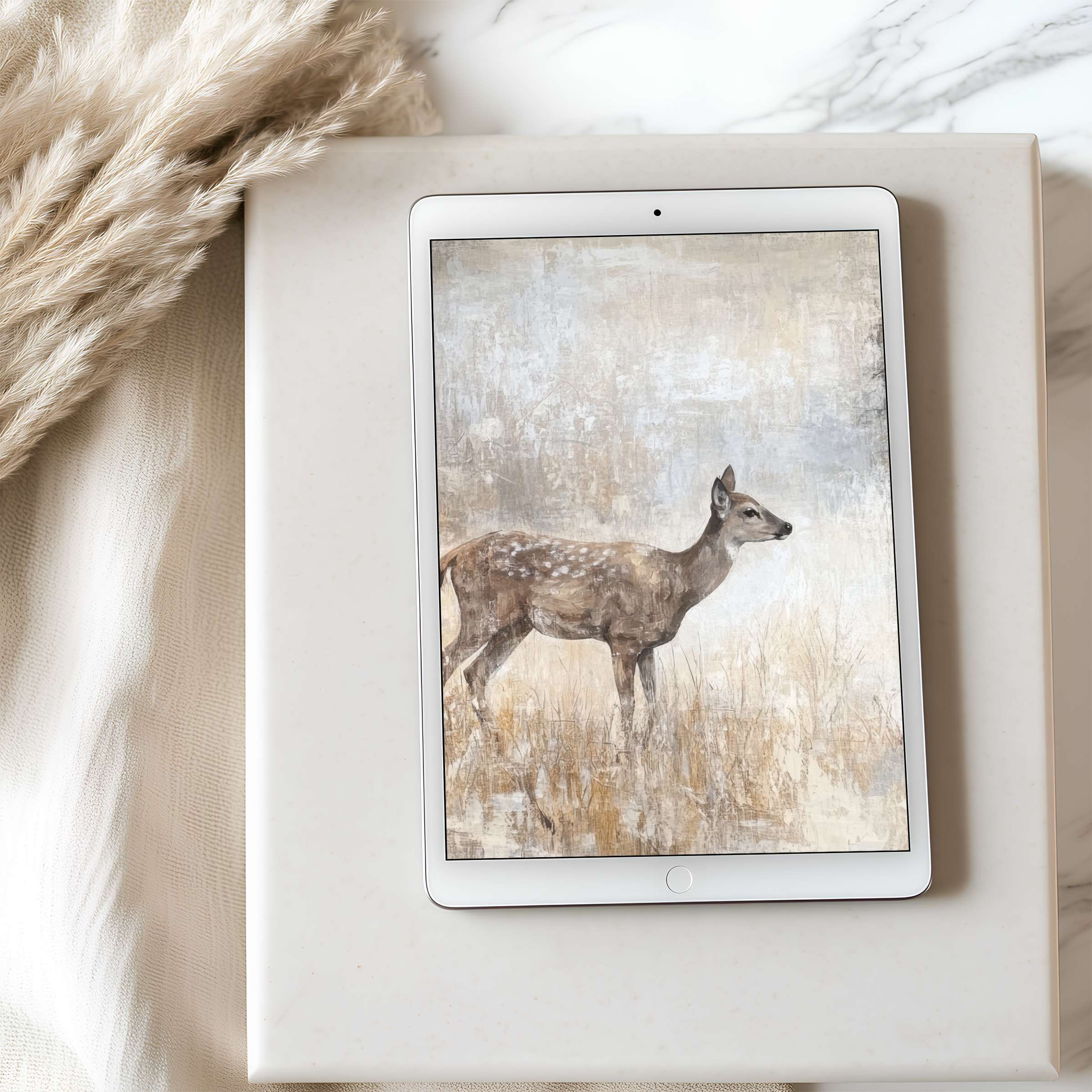 Elegant tablet wallpaper features a serene deer in soft earthy tones ideal for high resolution iPad download harmonizing any space