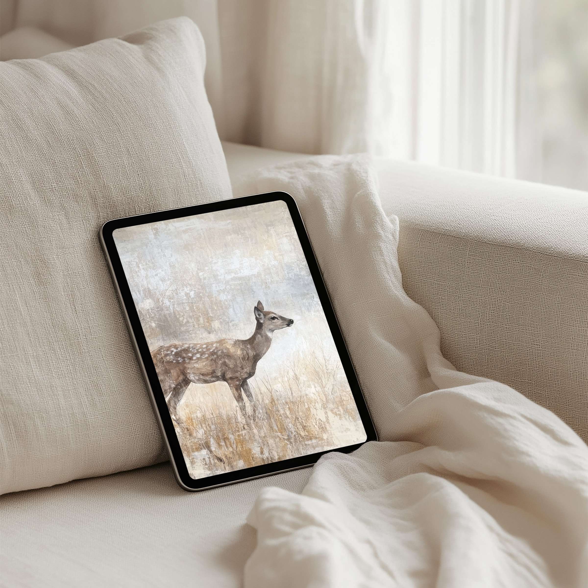 Elegant deer-themed iPad background for instant download on any tablet, evoking calm and inspiration in a serene interior setting