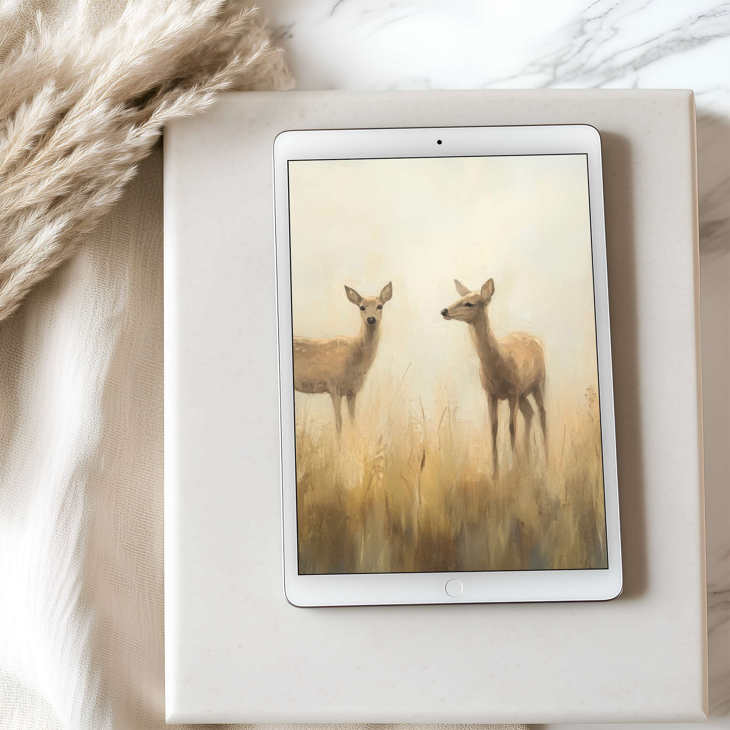 Elegant deer duo in serene beige tones, perfect tablet wallpaper for iPad and Android, high resolution digital download for tranquil spaces