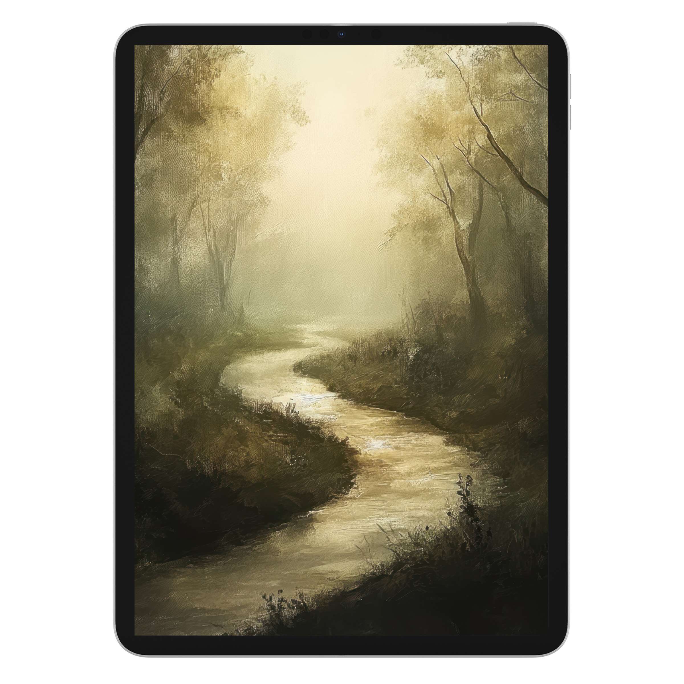 Serene vintage iPad wallpaper with dreamy misty forest path, perfect for tablet background; digital download adds timeless elegance