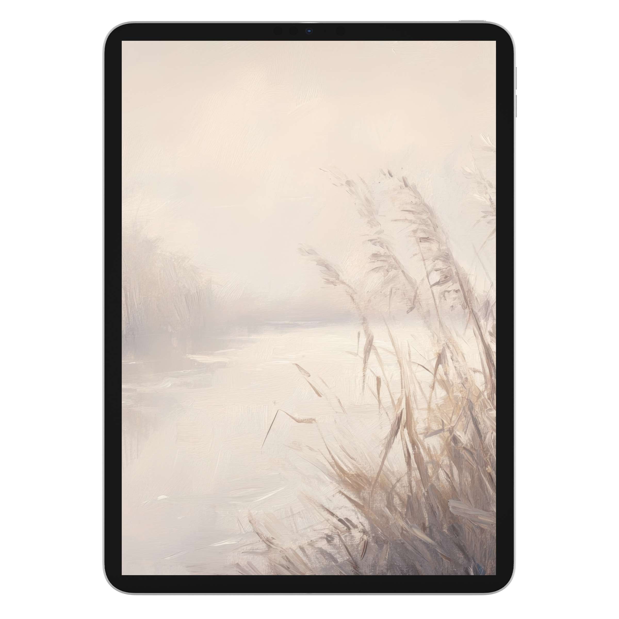 Elegant vintage iPad wallpaper with a calming, muted pastel landscape background, perfect digital download for tablets and devices