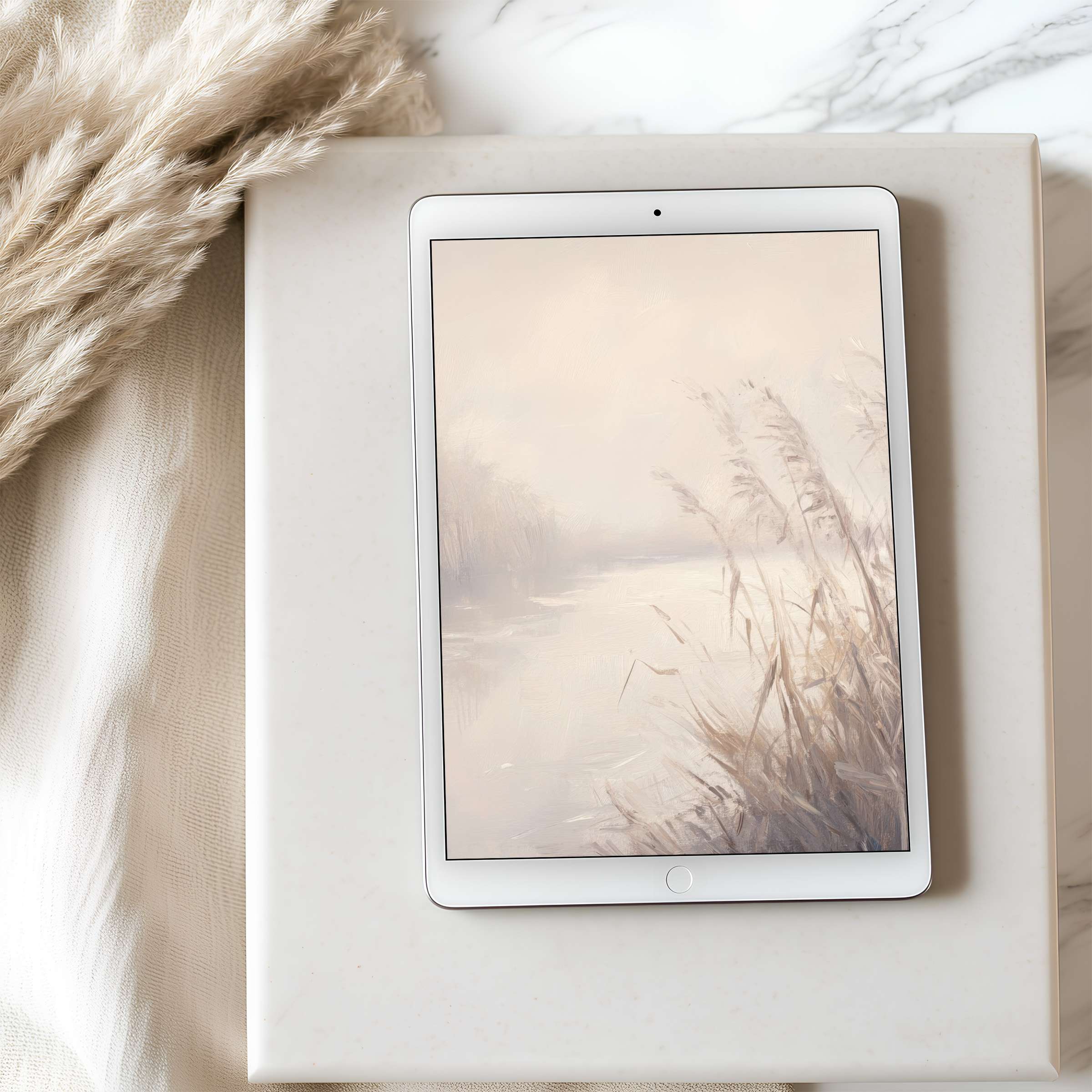 Elegant tablet wallpaper in calming neutral tones depicting serene, misty landscape art suitable for high-resolution iPad download