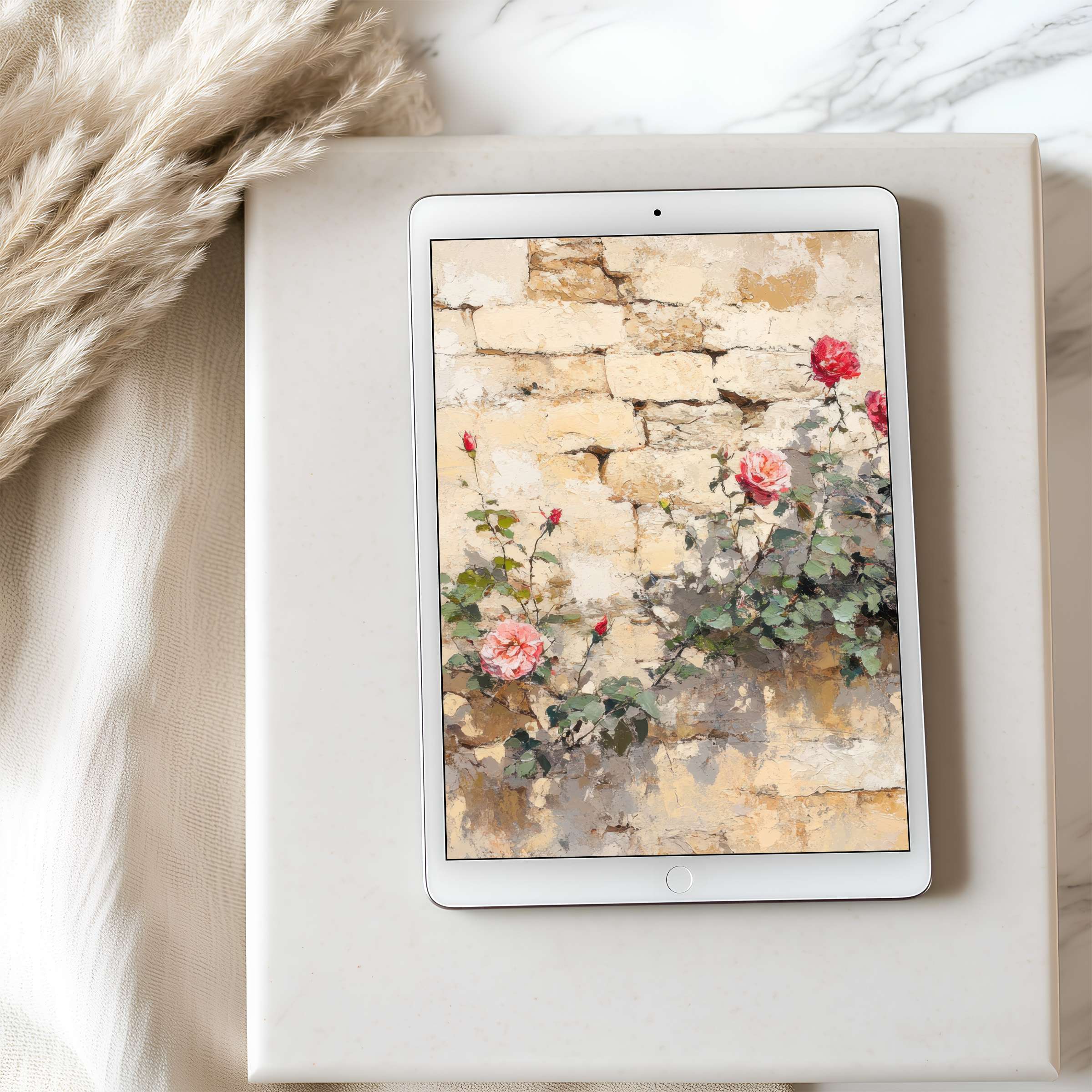 Elegant tablet wallpaper featuring a serene floral motif with soft roses against textured stone, ideal for curated iPad screens and digital download
