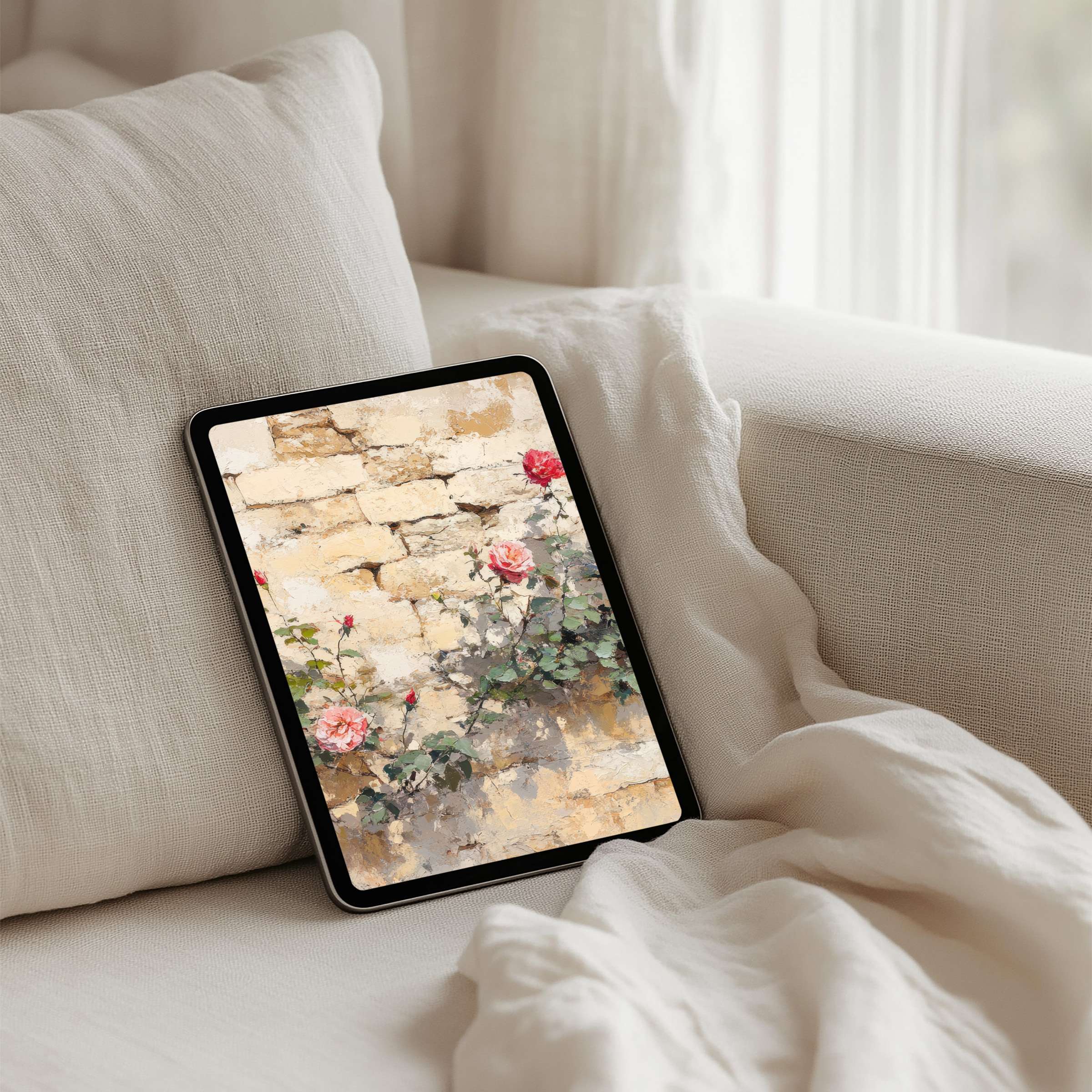 Elegant iPad background featuring roses against a rustic wall inspires calm and mindfulness available for instant download on tablets