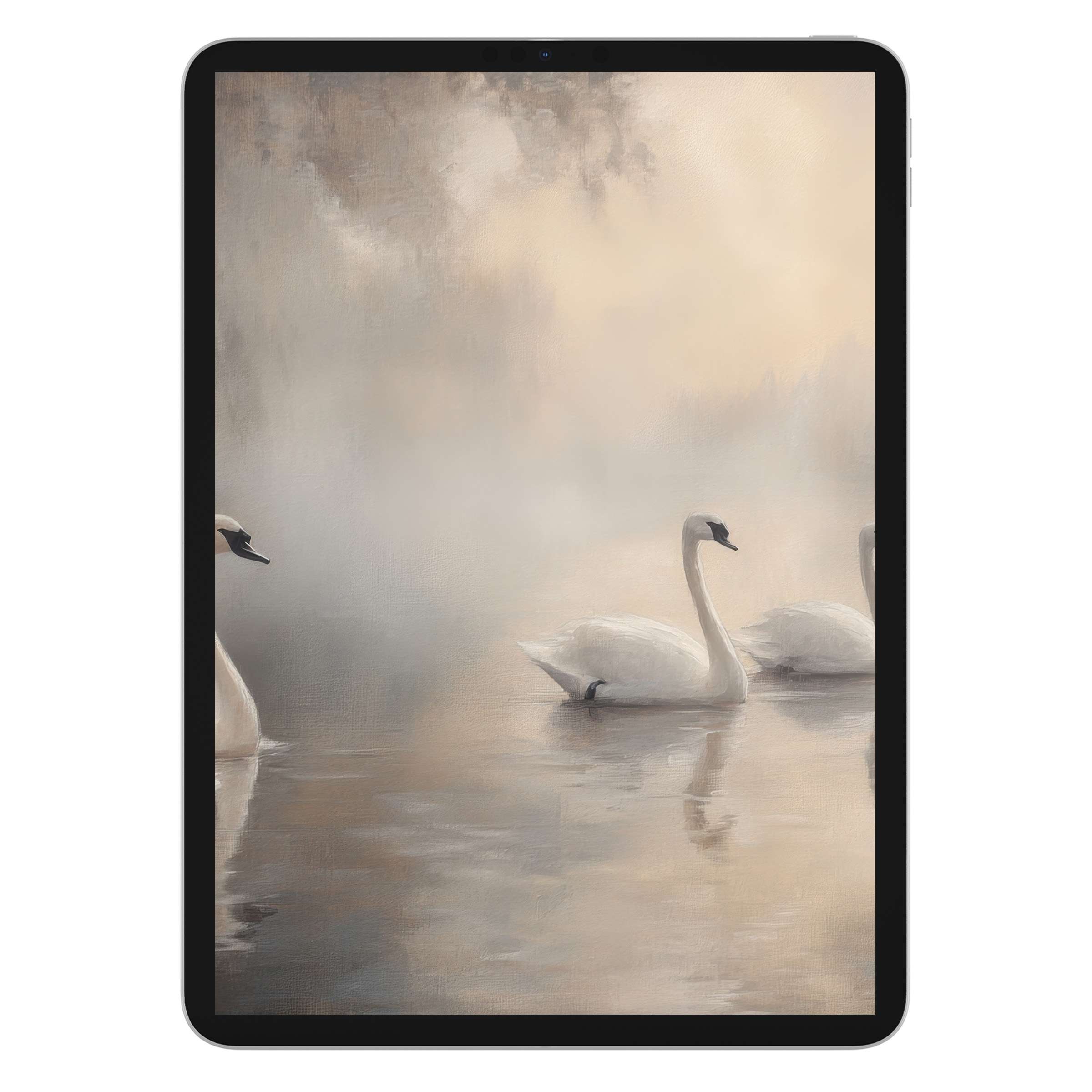Elegant swans glide through a misty, serene lake in this vintage iPad wallpaper, perfect digital download for any tablet background