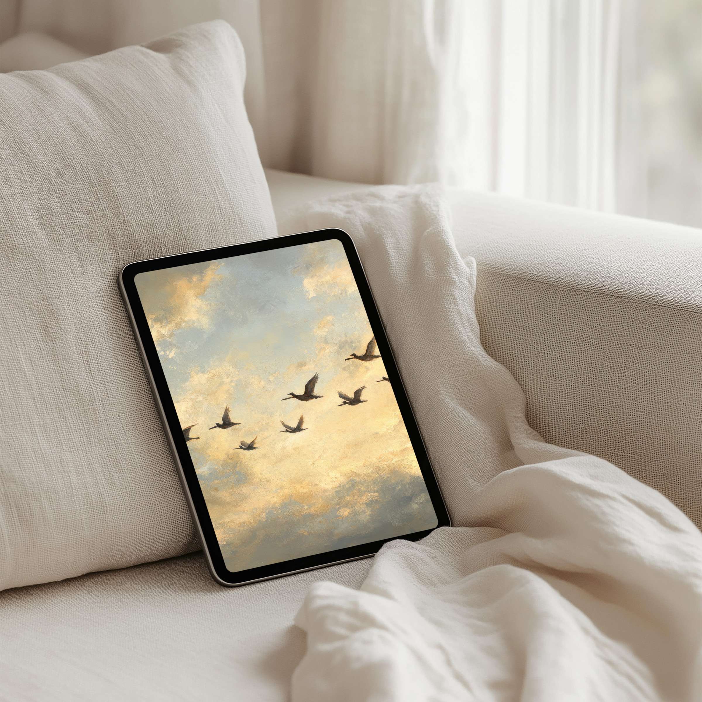 Elegant iPad background featuring serene birds against a calming sky, perfect for an inspiring tablet display and instant download