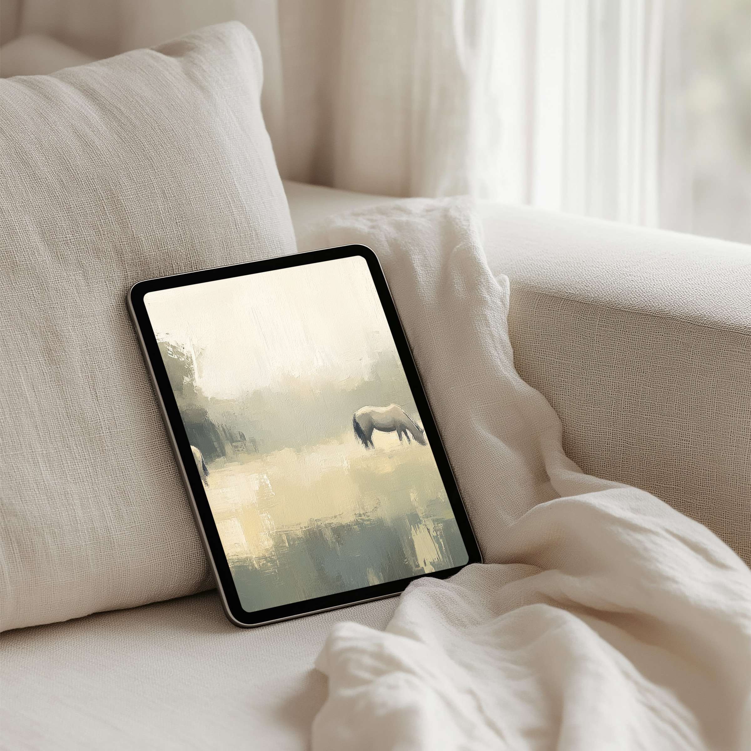 Elegant abstract iPad background with calming earthy tones and a tranquil horse motif ideal for tablet instant download users