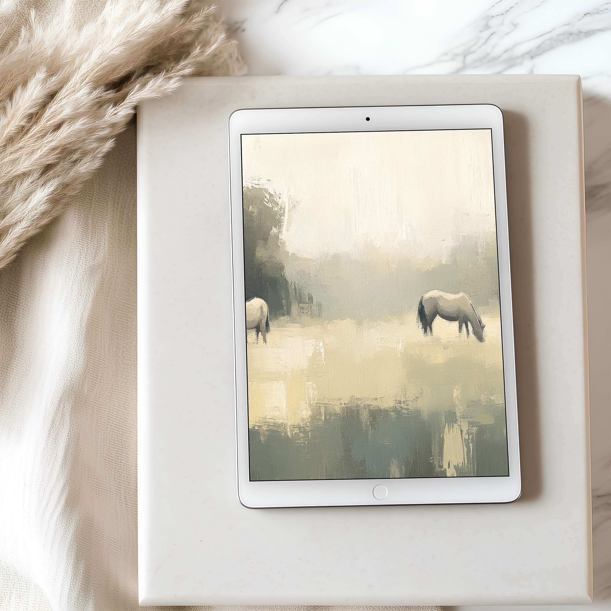 Elegant tablet wallpaper featuring serene horses in soft brushstrokes and neutral tones, ideal for high-resolution downloads on iPads