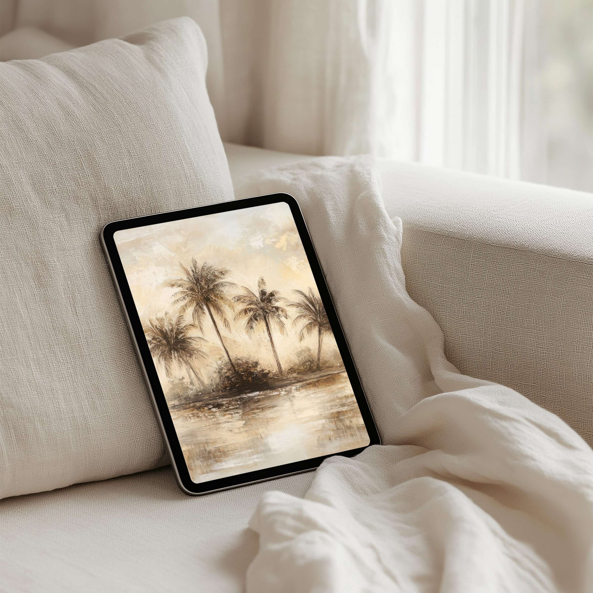 Serene palm trees create an elegant iPad background offering calm and inspiration for your tablet with instant download options