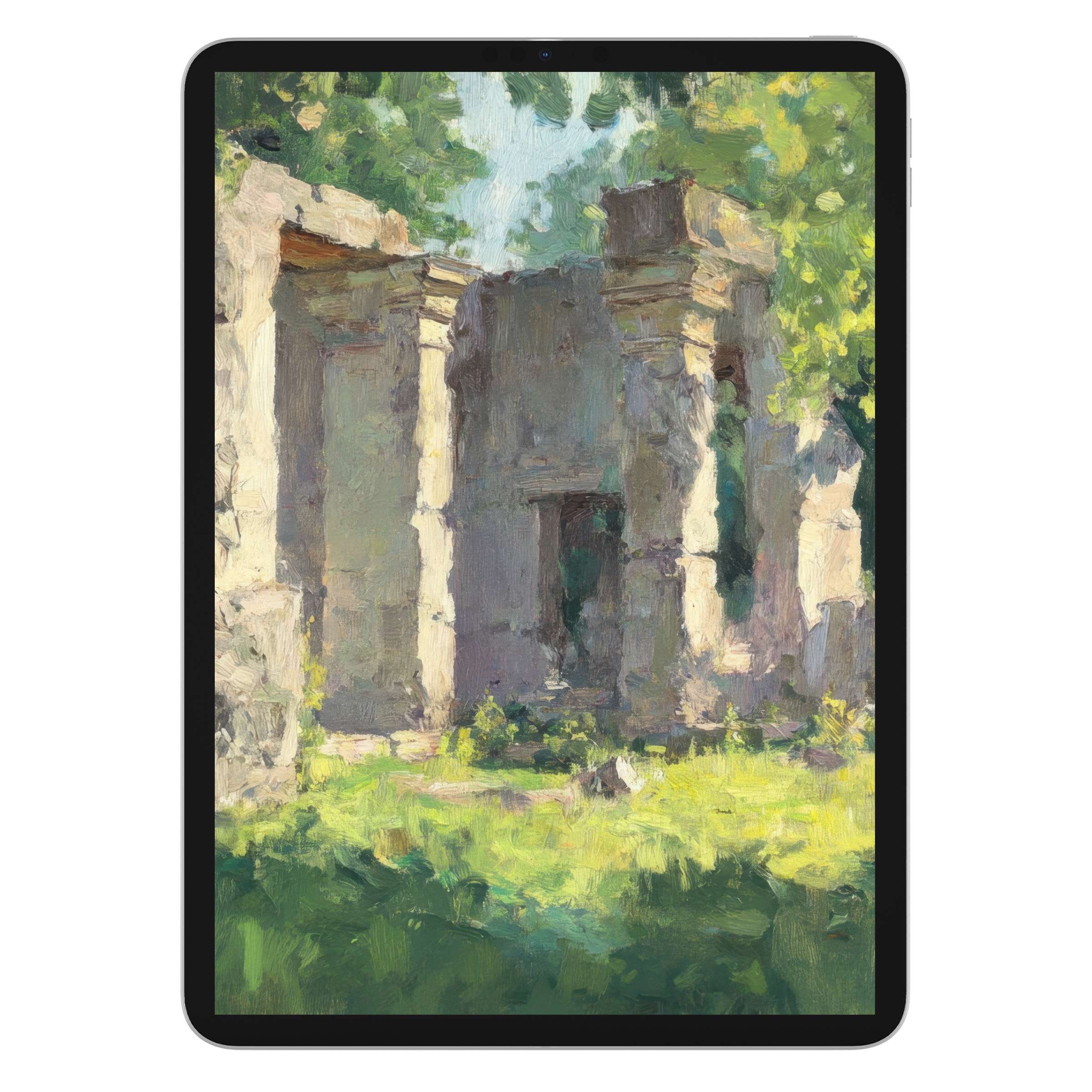 Vintage iPad wallpaper with serene ruins in sunlight, a digital download for elegant tablet background on Android or Samsung