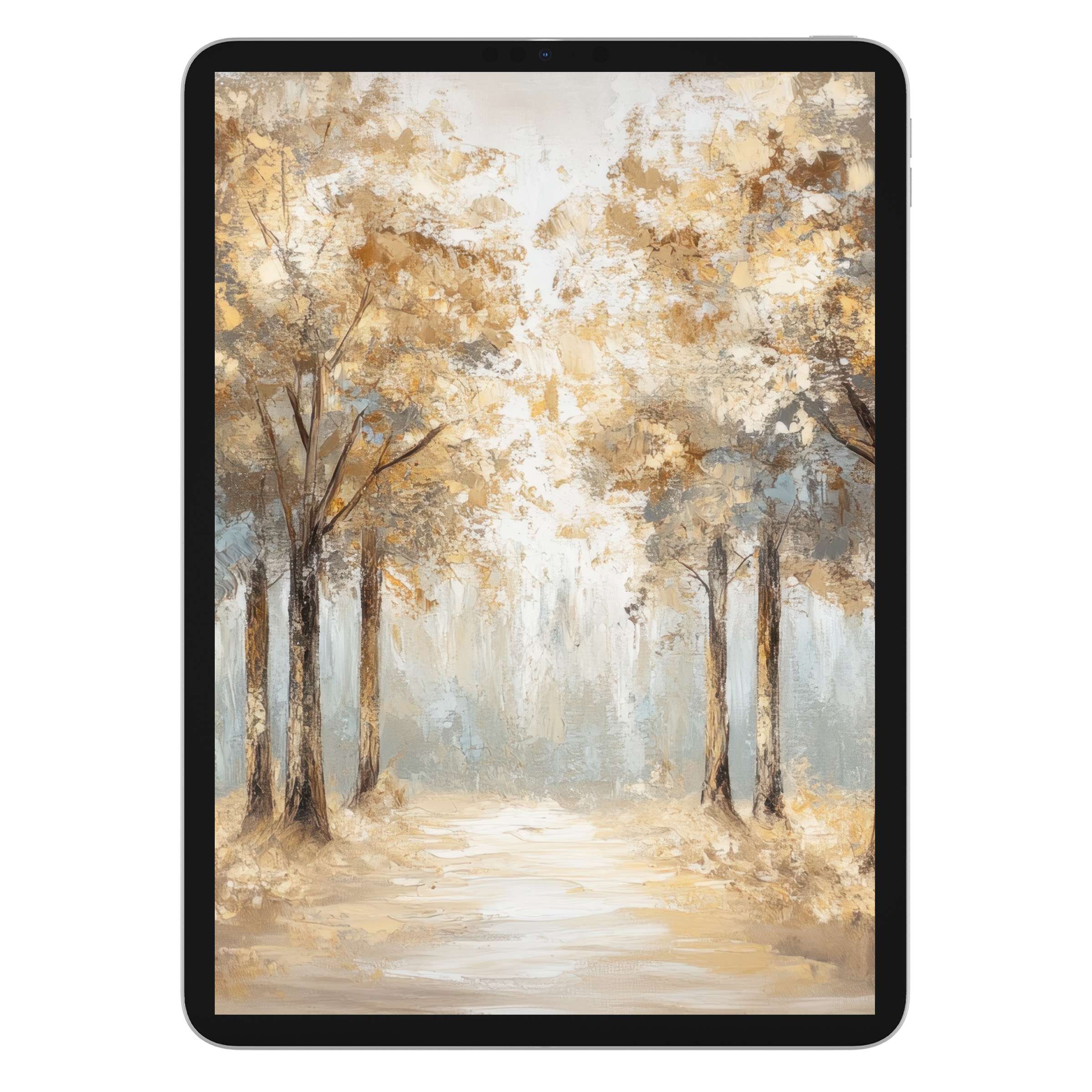 Elegant vintage iPad wallpaper digital download, featuring serene autumn trees with warm tones, perfect background for any tablet