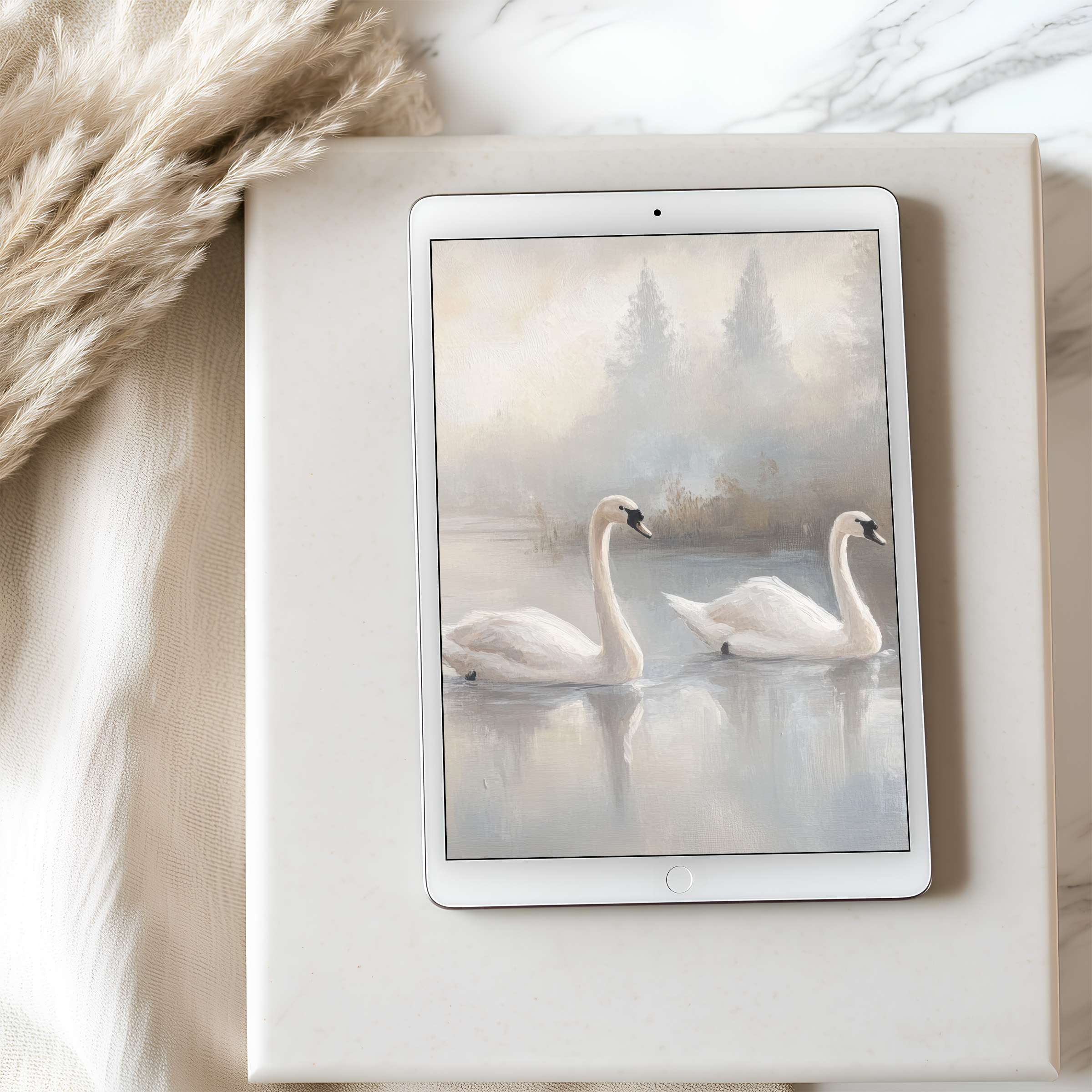 Elegant swans and misty lake tablet wallpaper in soft pastels, ideal for iPad and Android tablets, offering serene digital download