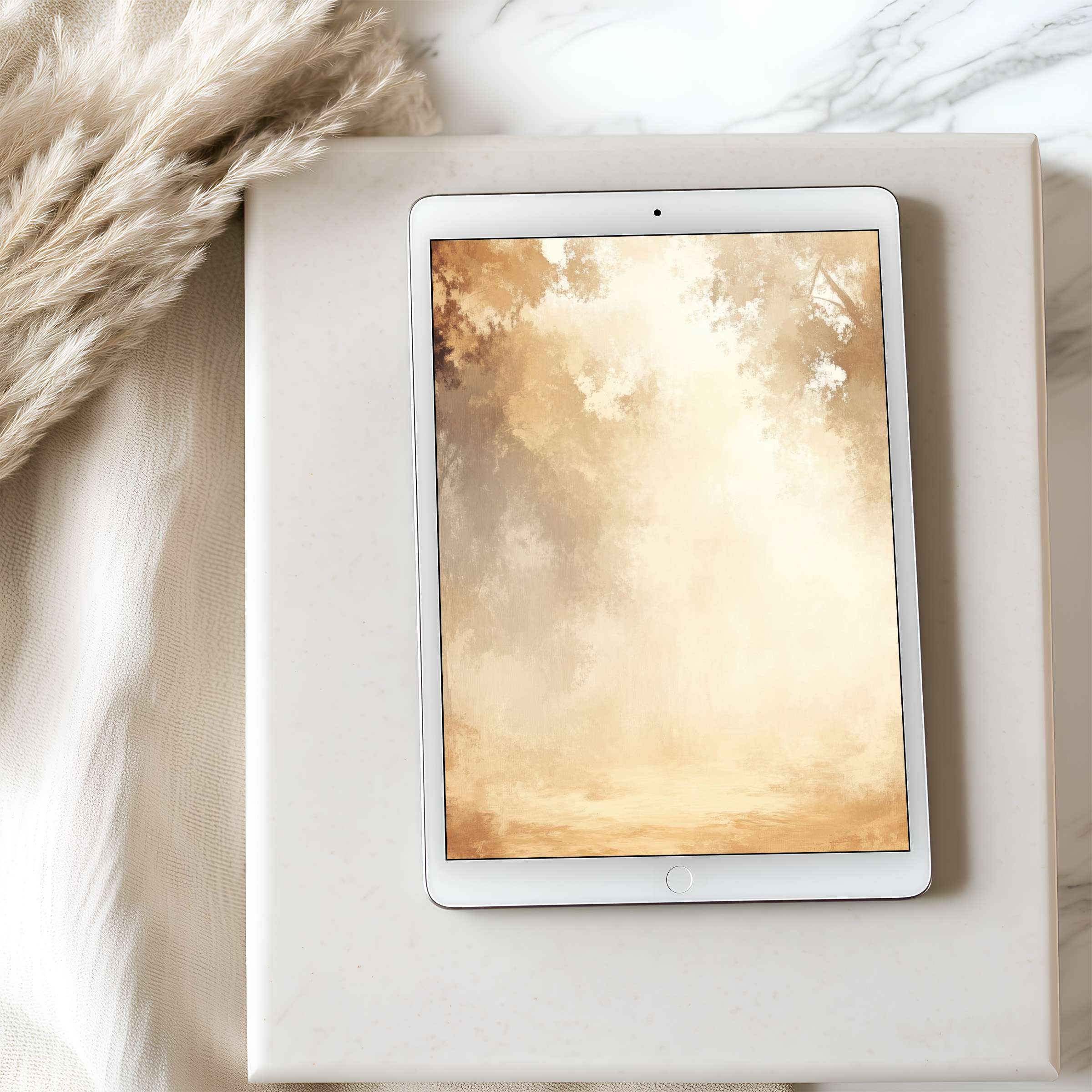 Serene autumn forest tablet wallpaper in warm earth tones enhances digital spaces with elegance, suitable for high resolution iPad download