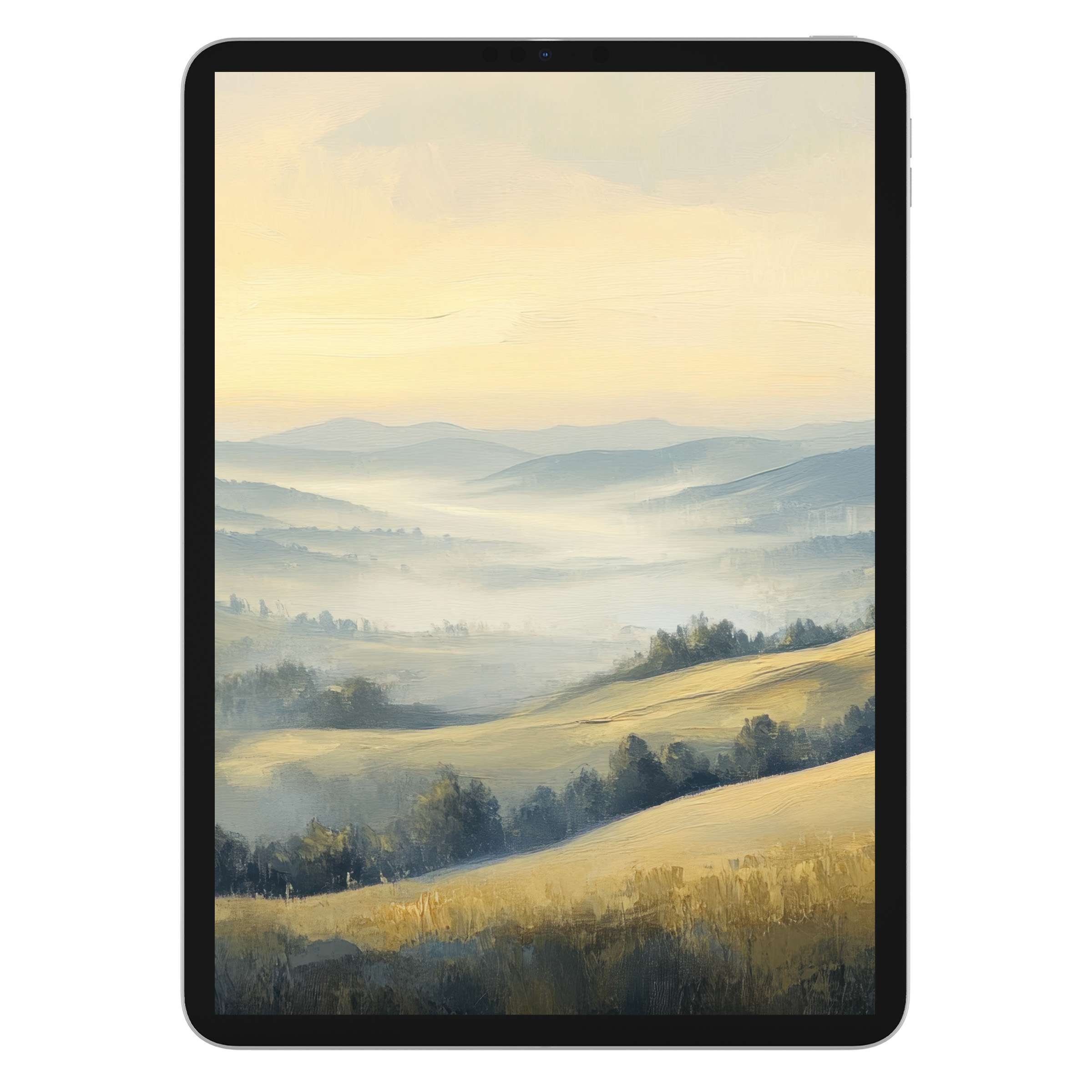 Vintage iPad wallpaper with serene landscape painting, ideal tablet background for digital download enhancing tranquility and style