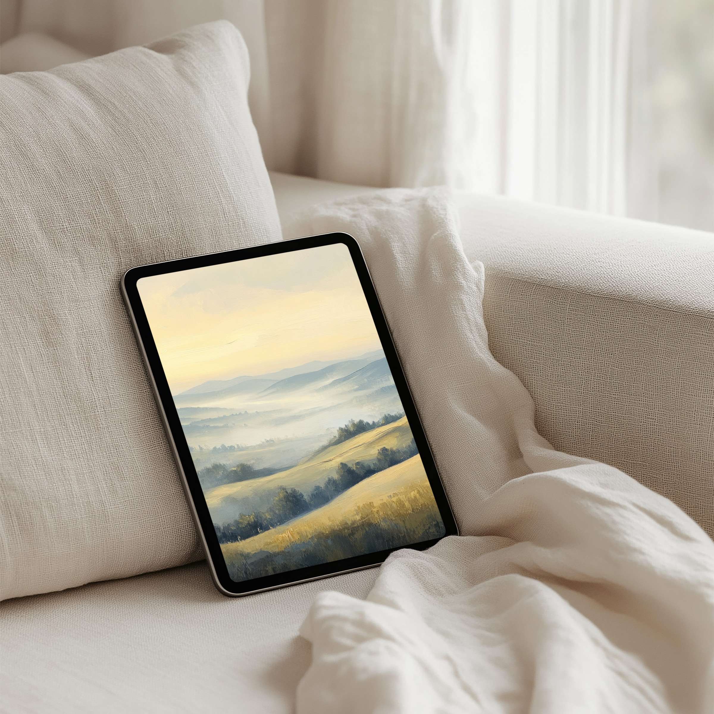 Serene landscape watercolor iPad background for instant download on your tablet bringing calm, elegance, and mindfulness to your space