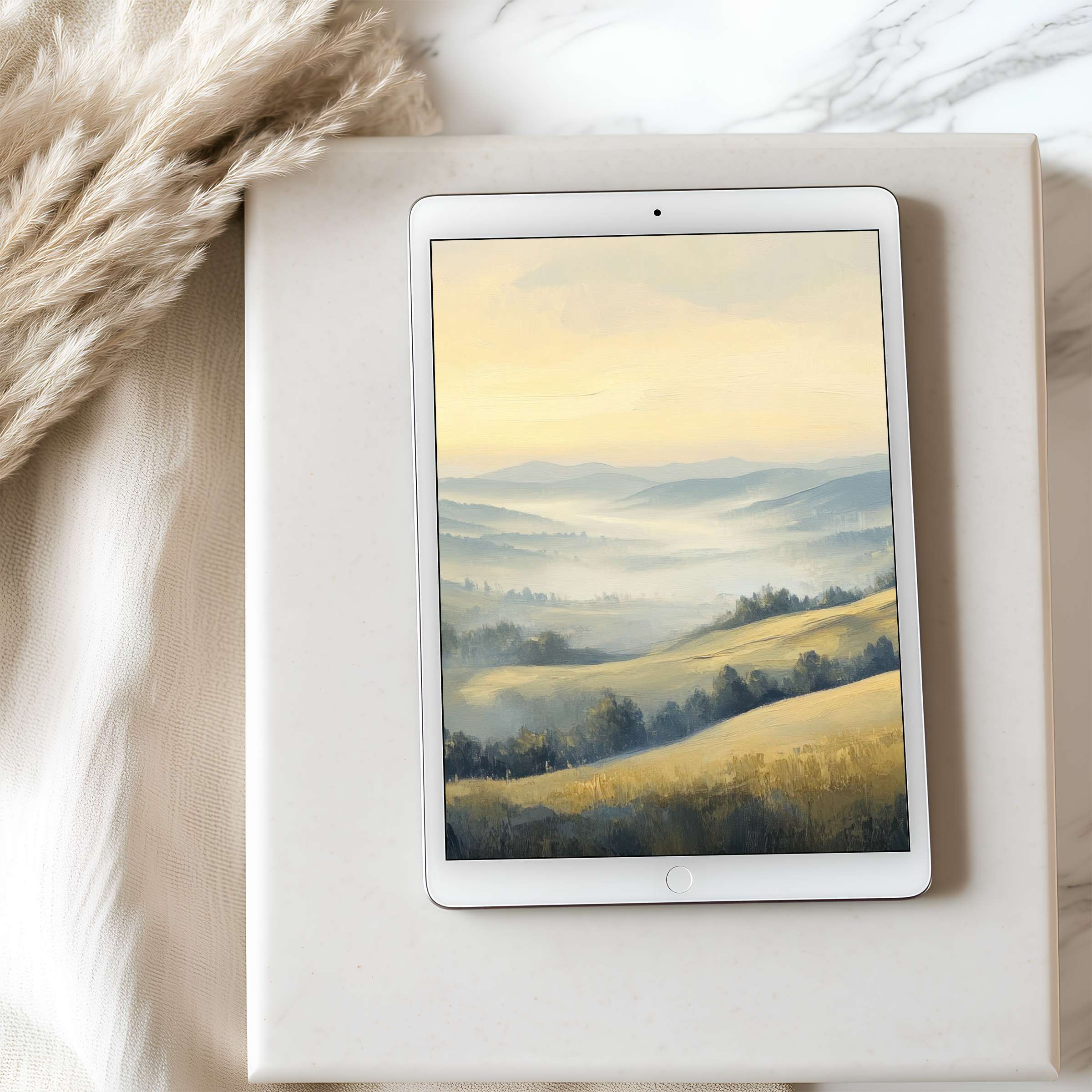 Elegant tablet wallpaper featuring serene misty hills in soft pastels ideal for high-resolution iPad or Android digital download