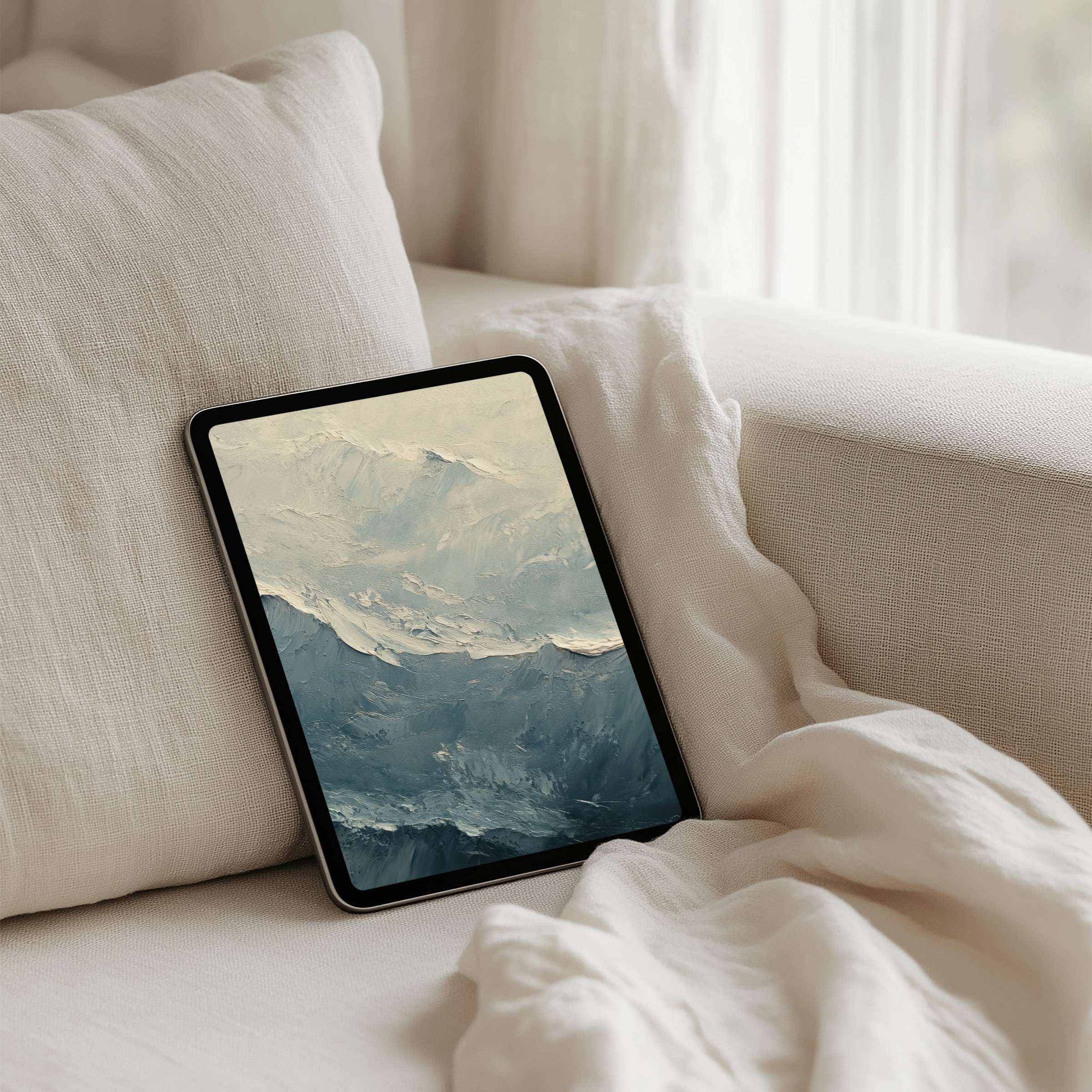 Elegant iPad background with calming abstract waves in soft blues available for instant download to fit all tablets