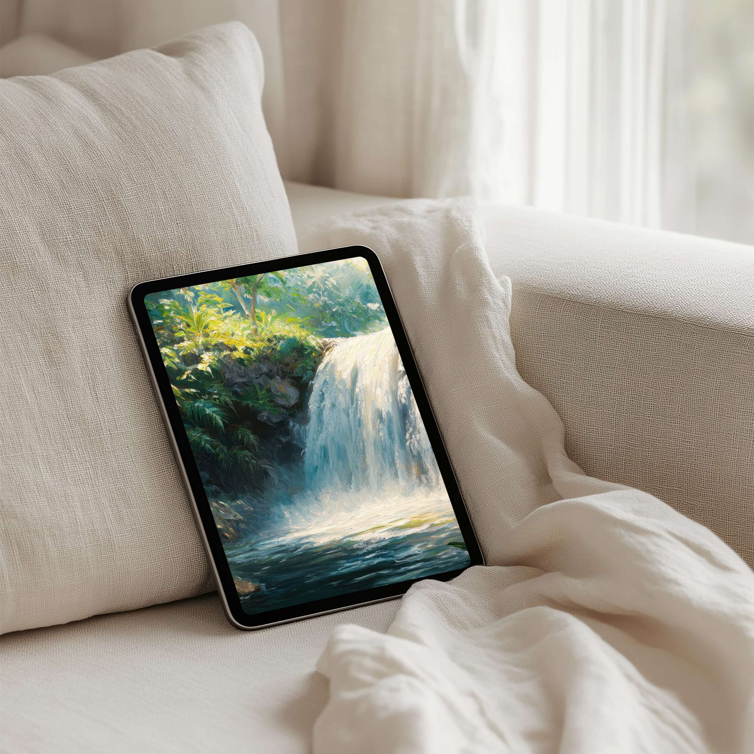 Serene waterfall iPad background for instant download brings elegance and mindfulness to iPad or tablet screens with ease